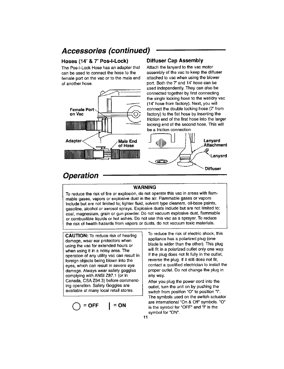 Accessories (continued), Hoses (14’ & 7’ pos-i-lock), Diffuser cap assembly | Operation, Warning | Craftsman 113.179255 User Manual | Page 11 / 16