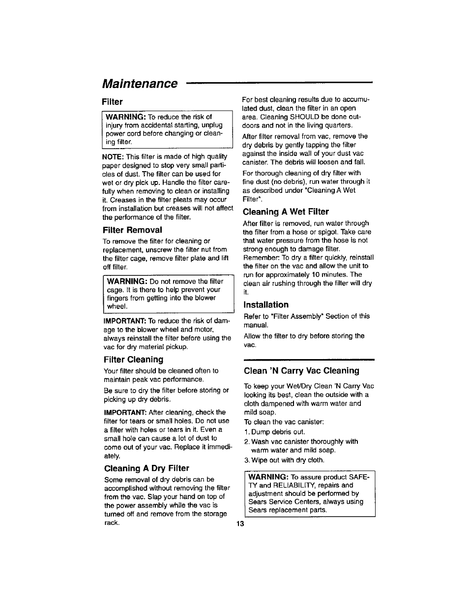 Maintenance, Filter, Fitter removal | Filter cleaning, Cleaning a dry filter, Cleaning a wet filter, Installation, Clean ’n carry vac cleaning, Filter cage | Craftsman 113.179255 User Manual | Page 13 / 16