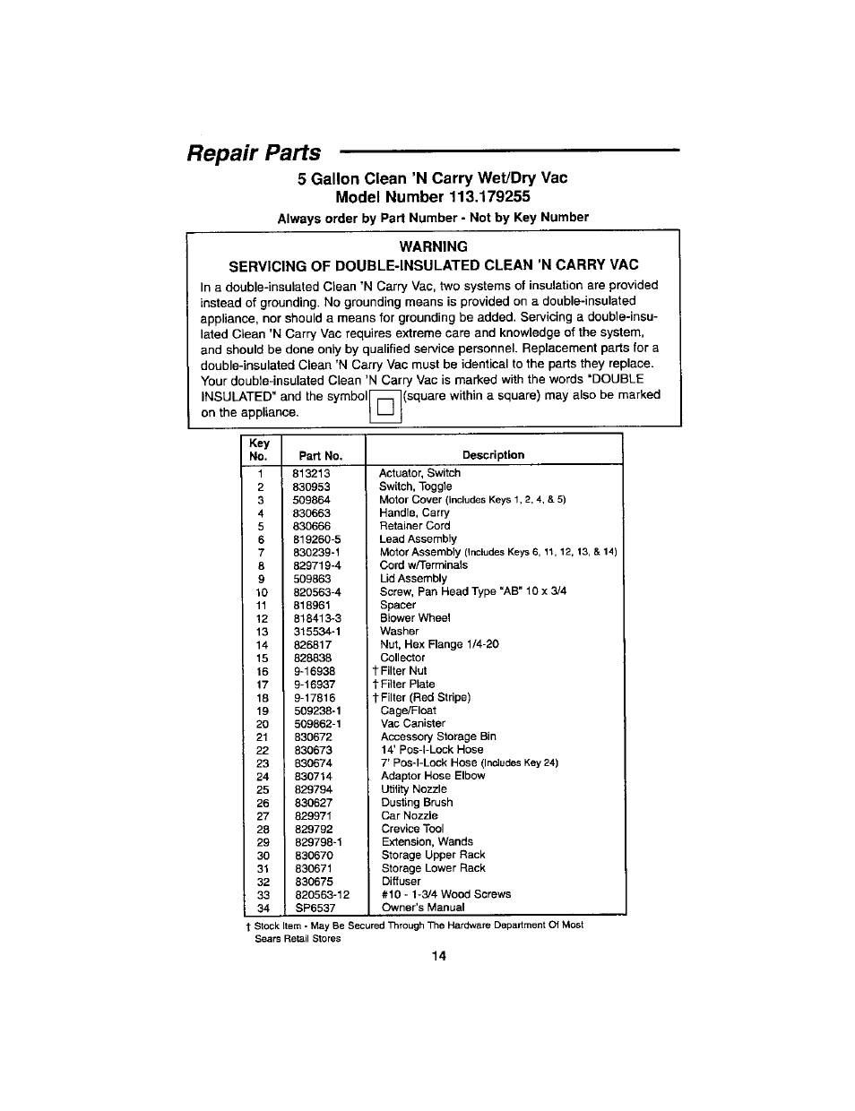 Repair parts, Warning, Servicing of double-insulated clean ’n carry vac | Always order by part number - not by key number | Craftsman 113.179255 User Manual | Page 14 / 16