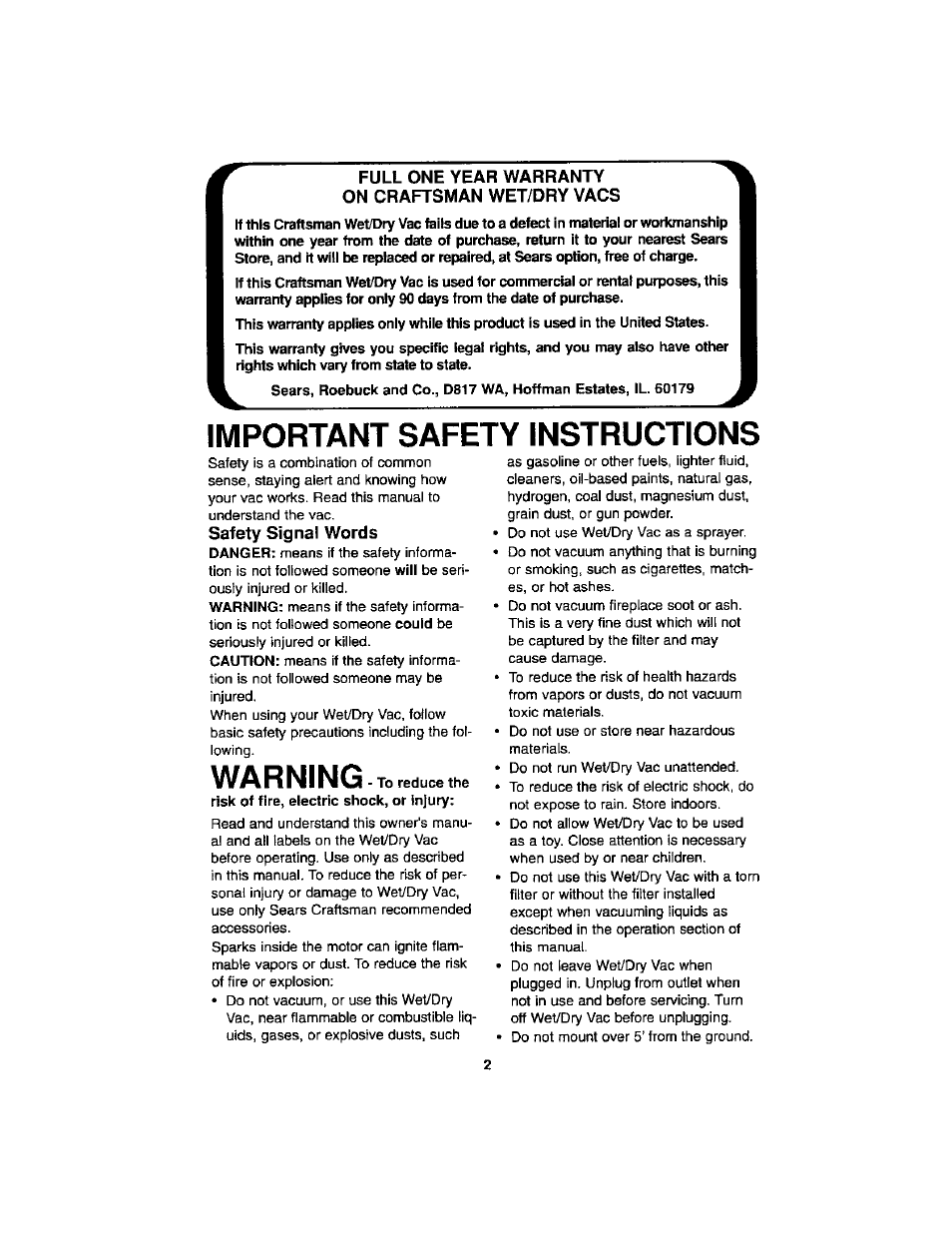 Important safety instructions, Warning | Craftsman 113.179255 User Manual | Page 2 / 16