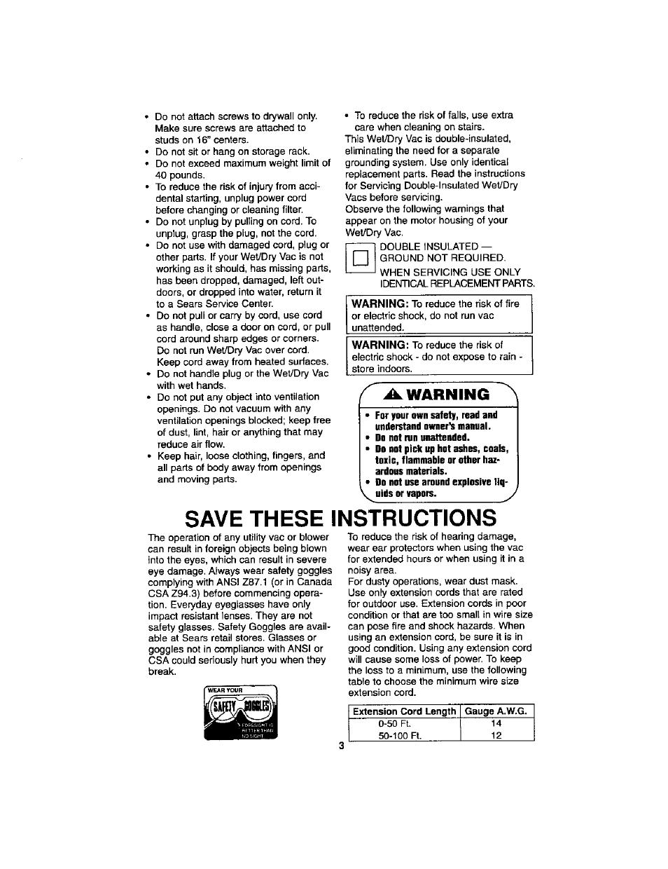 Save these instructions, Warning | Craftsman 113.179255 User Manual | Page 3 / 16