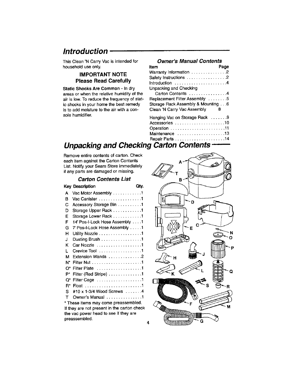 Introduction, Unpacking and checking carton contents | Craftsman 113.179255 User Manual | Page 4 / 16