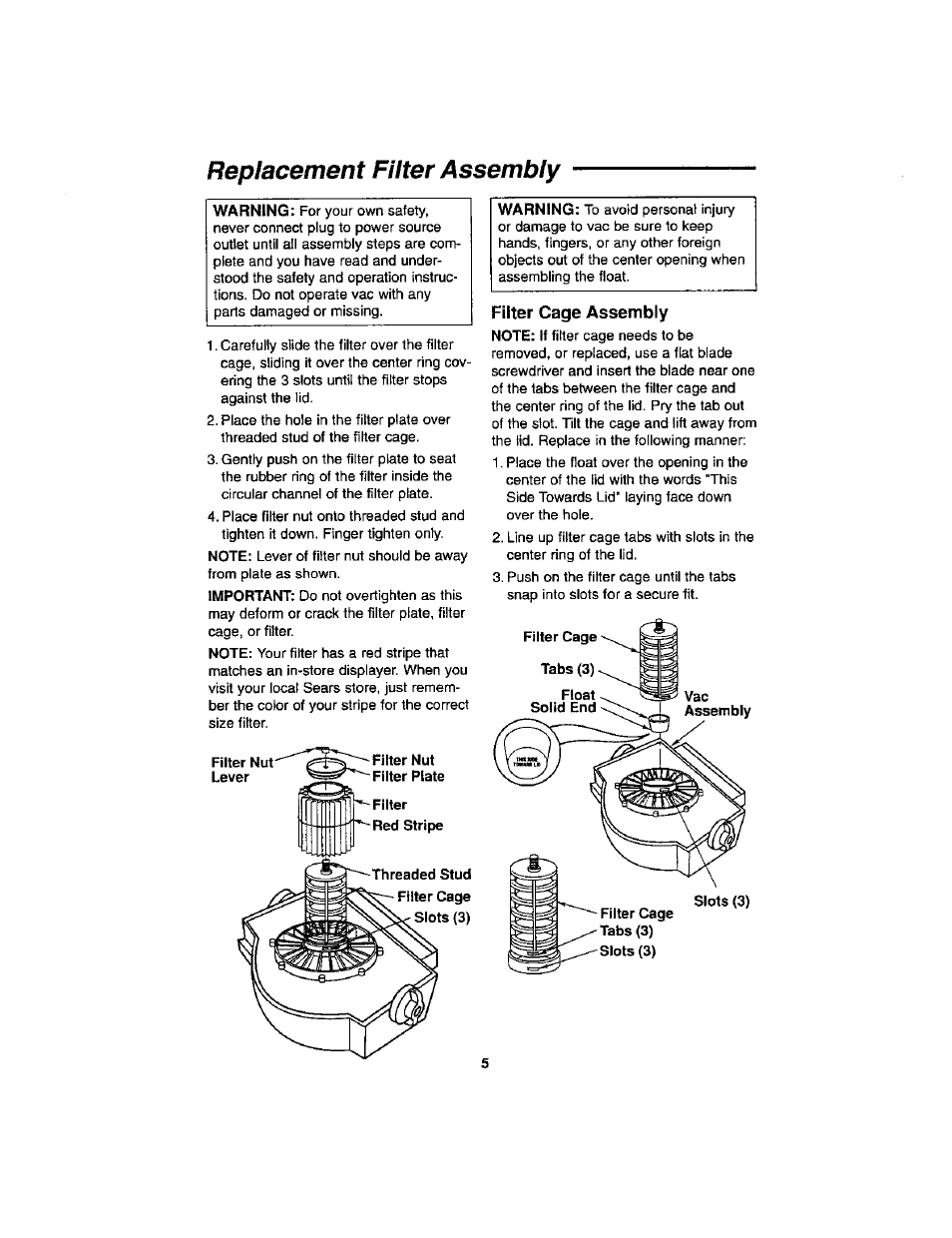 Replacement filter assembly, Filter cage assembly | Craftsman 113.179255 User Manual | Page 5 / 16