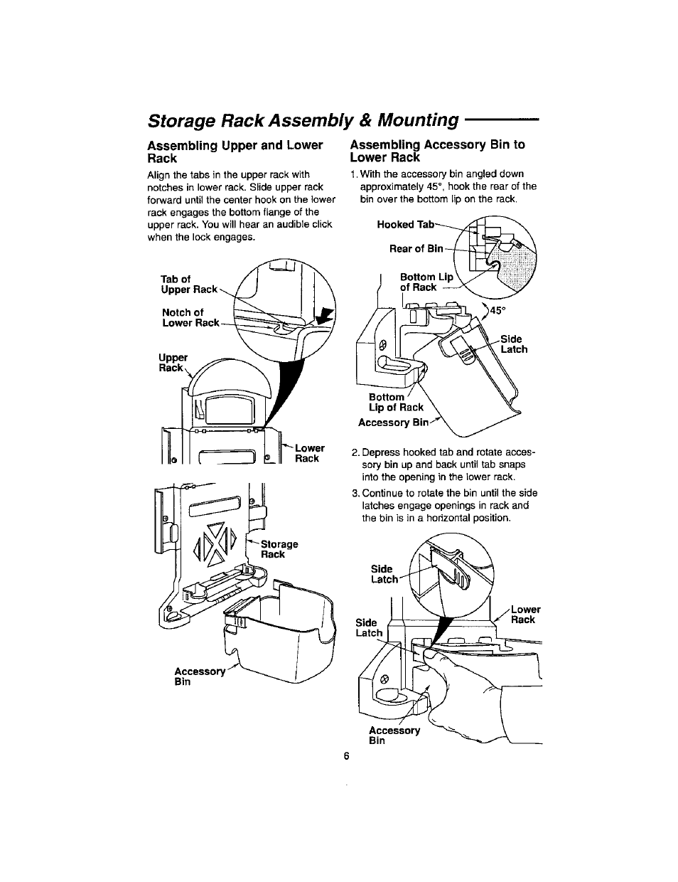 Storage rack assembly & mounting, Assembling upper and lower rack, Assembling accessory bin to lower rack | Craftsman 113.179255 User Manual | Page 6 / 16