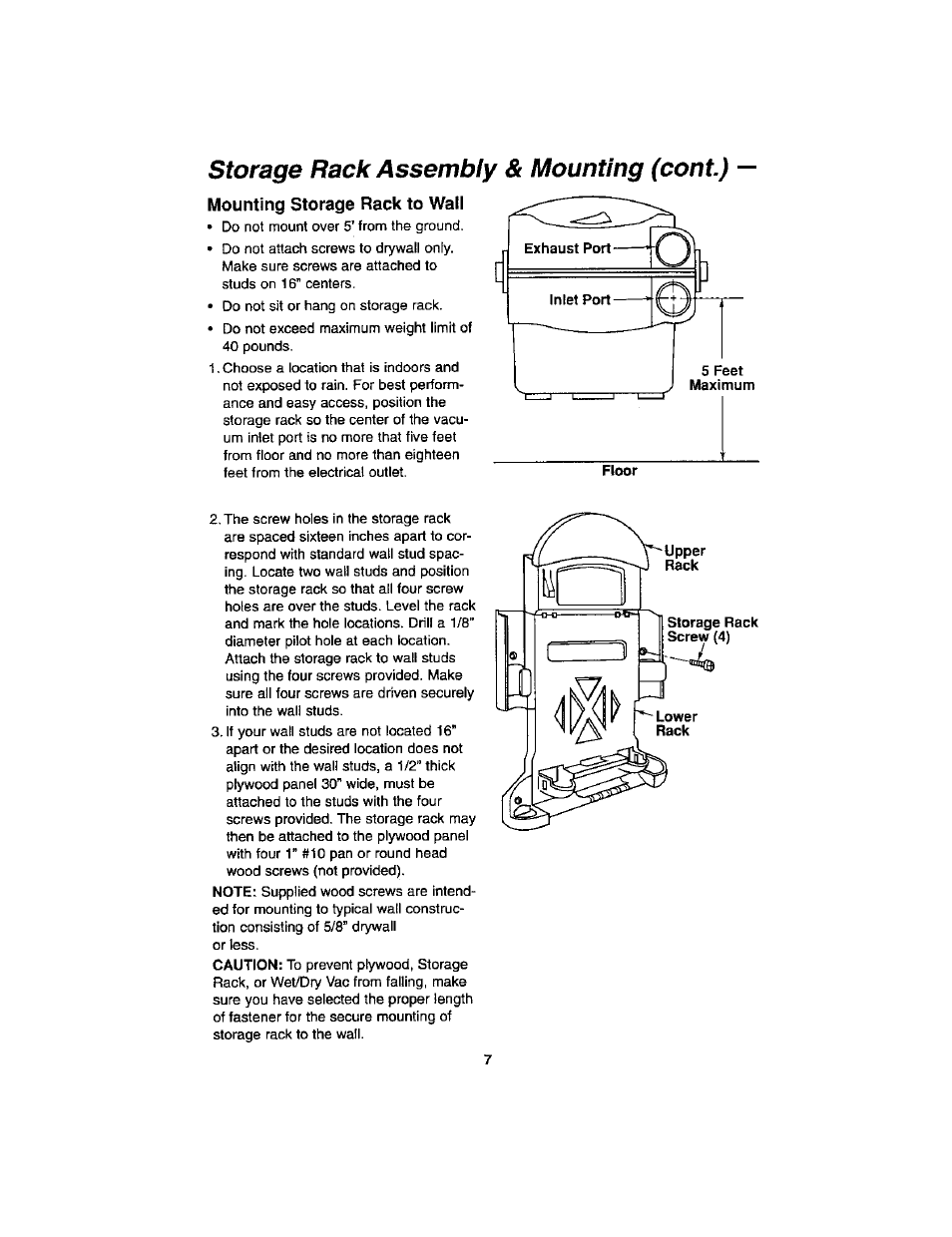 Storage rack assembly & mounting (cont.), Mounting storage rack to wall | Craftsman 113.179255 User Manual | Page 7 / 16