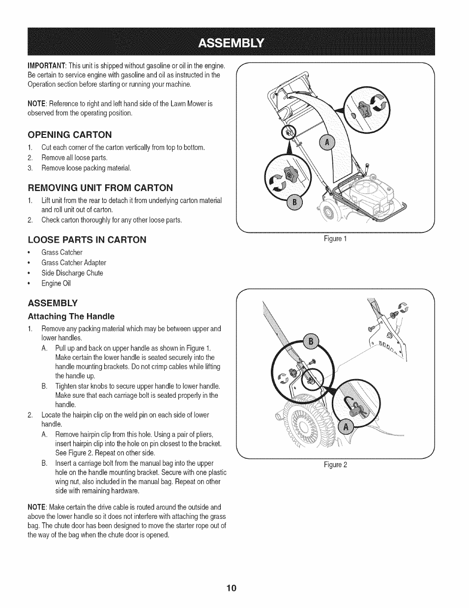 Opening carton, Removing unit from carton, Loose parts in carton | Assembly attaching the handle, Assembly | Craftsman 247.887760 User Manual | Page 10 / 68