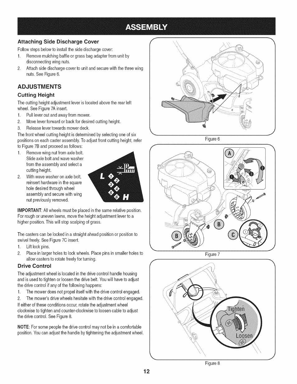 Attaching side discharge cover, Adjustments cutting height, Drive control | Assembly | Craftsman 247.887760 User Manual | Page 12 / 68