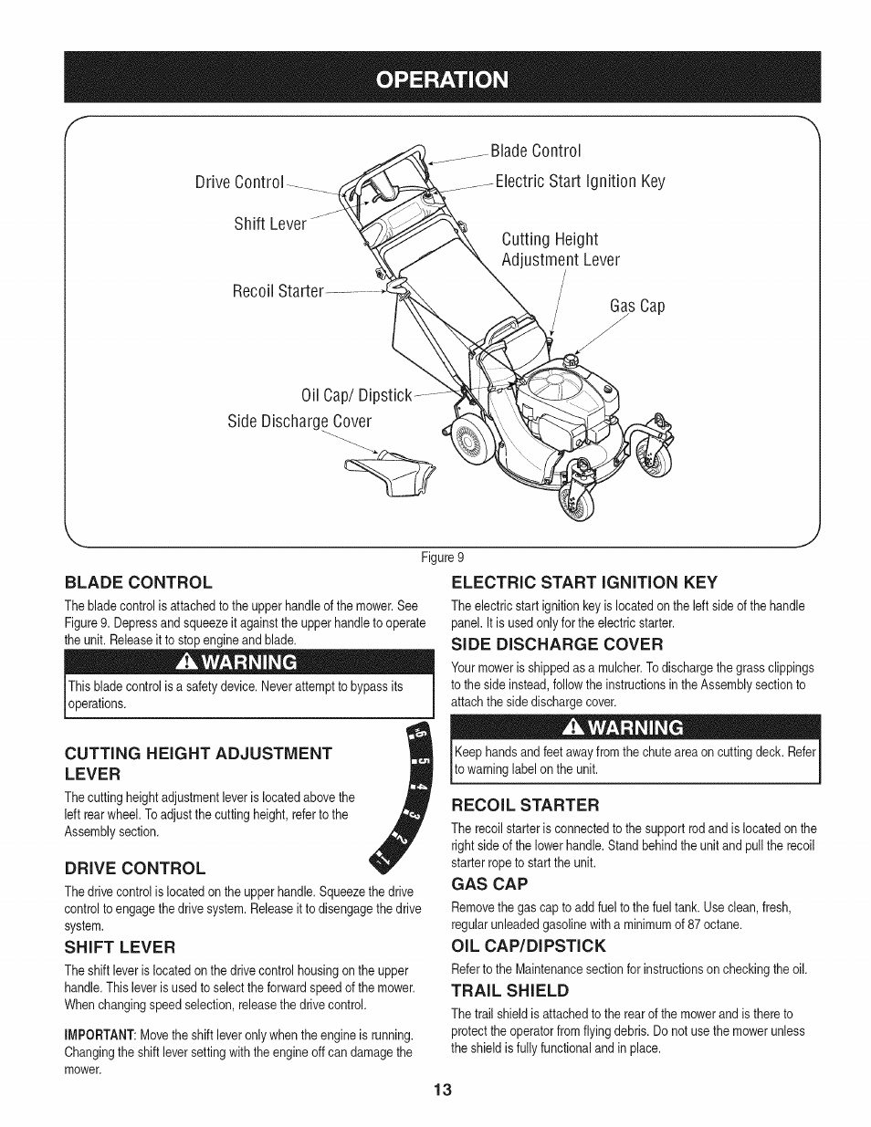 Awarning, Cutting height adjustment lever, Drive control | Shift lever, Side discharge cover, Recoil starter, Gas cap, Oilcap/dipstick, Trail shield, Operation | Craftsman 247.887760 User Manual | Page 13 / 68