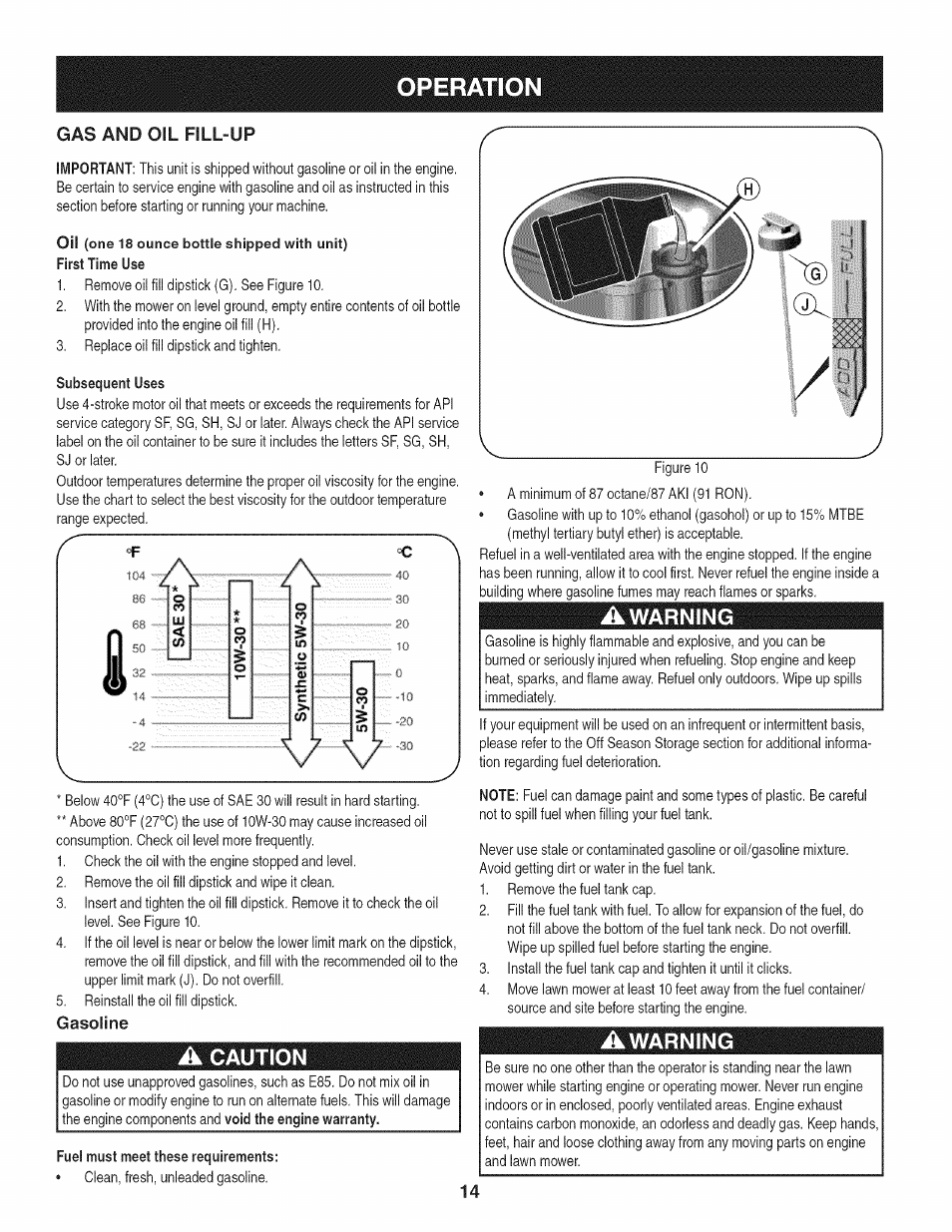 Gas and oil fill-up, Gasoline, A caution | Operation, Ì 5 ), Warning | Craftsman 247.887760 User Manual | Page 14 / 68