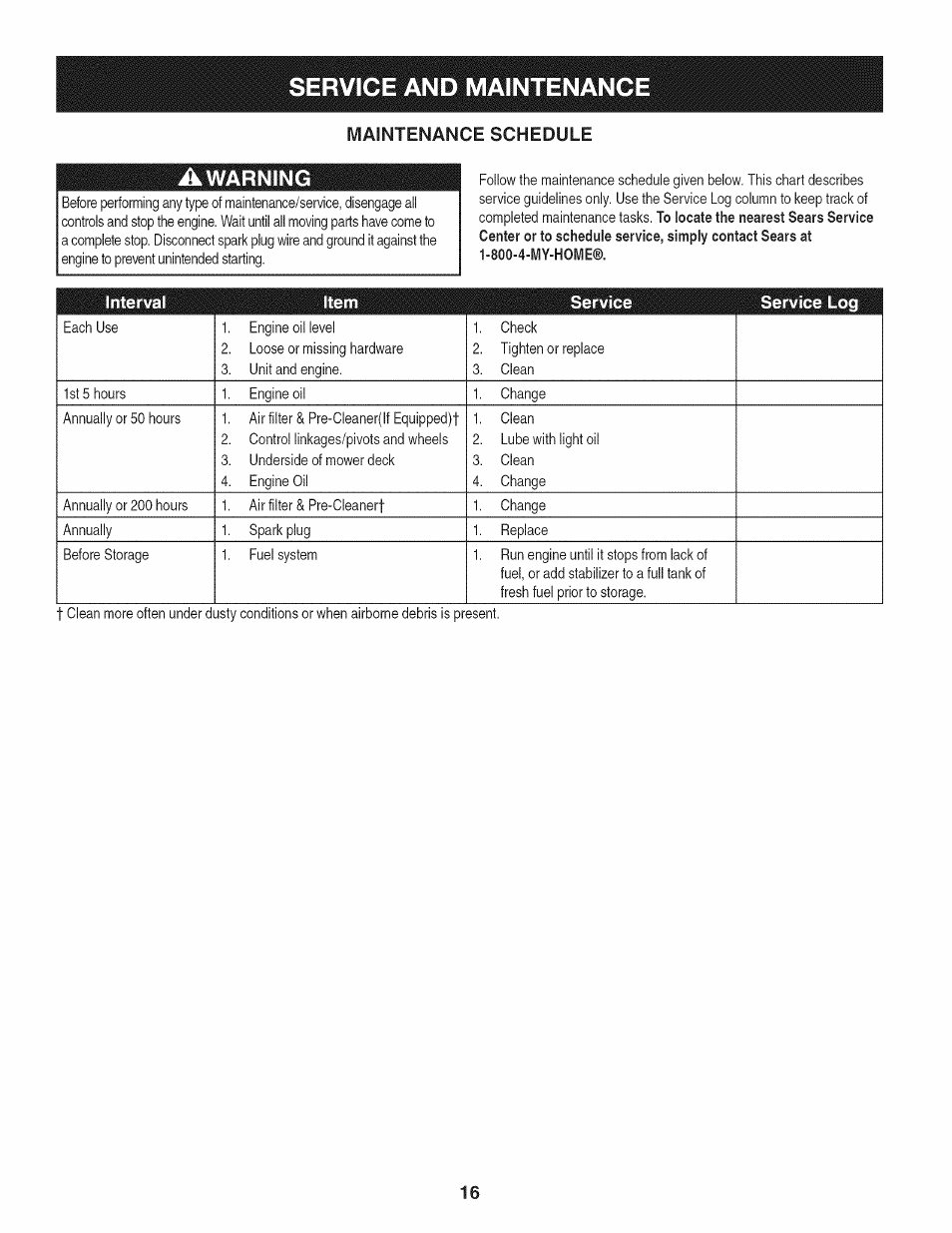 Service and maintenance, Warning, Interval item service service log | Craftsman 247.887760 User Manual | Page 16 / 68