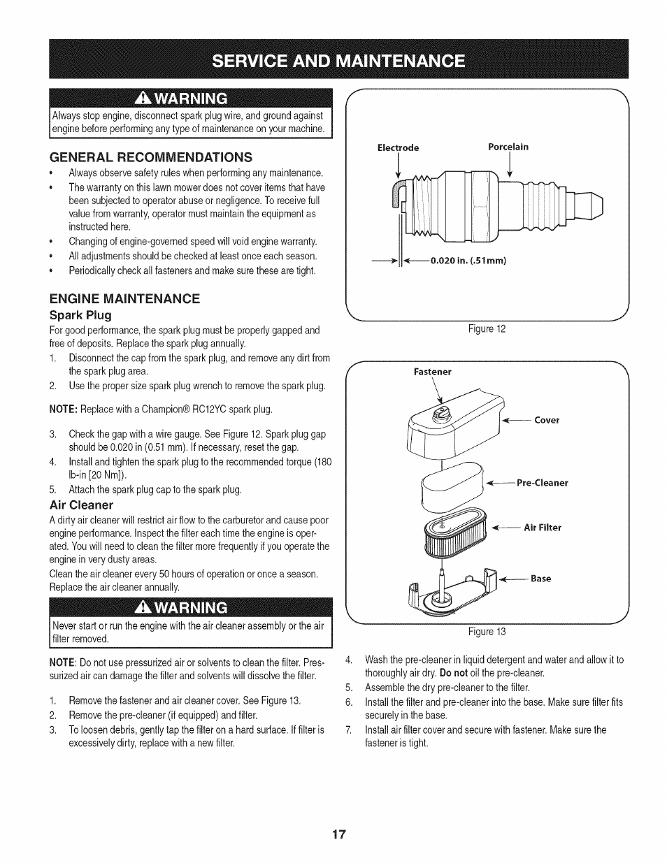 General recommendations, Engine maintenance spark plug, Air cleaner | Service and maintenance, Warning | Craftsman 247.887760 User Manual | Page 17 / 68