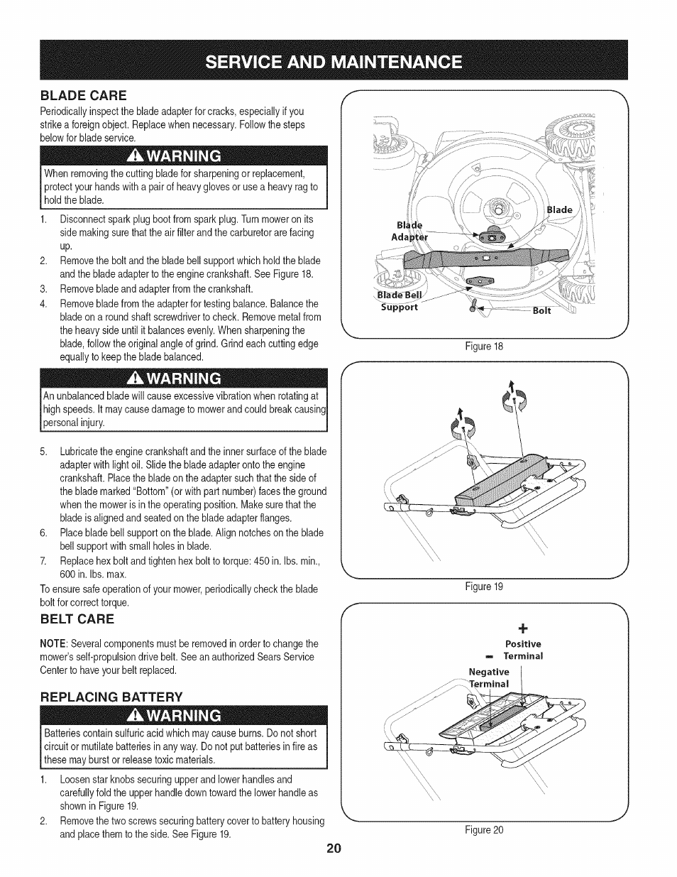 Belt care, Replacing battery, Service and maintenance | Warning | Craftsman 247.887760 User Manual | Page 20 / 68