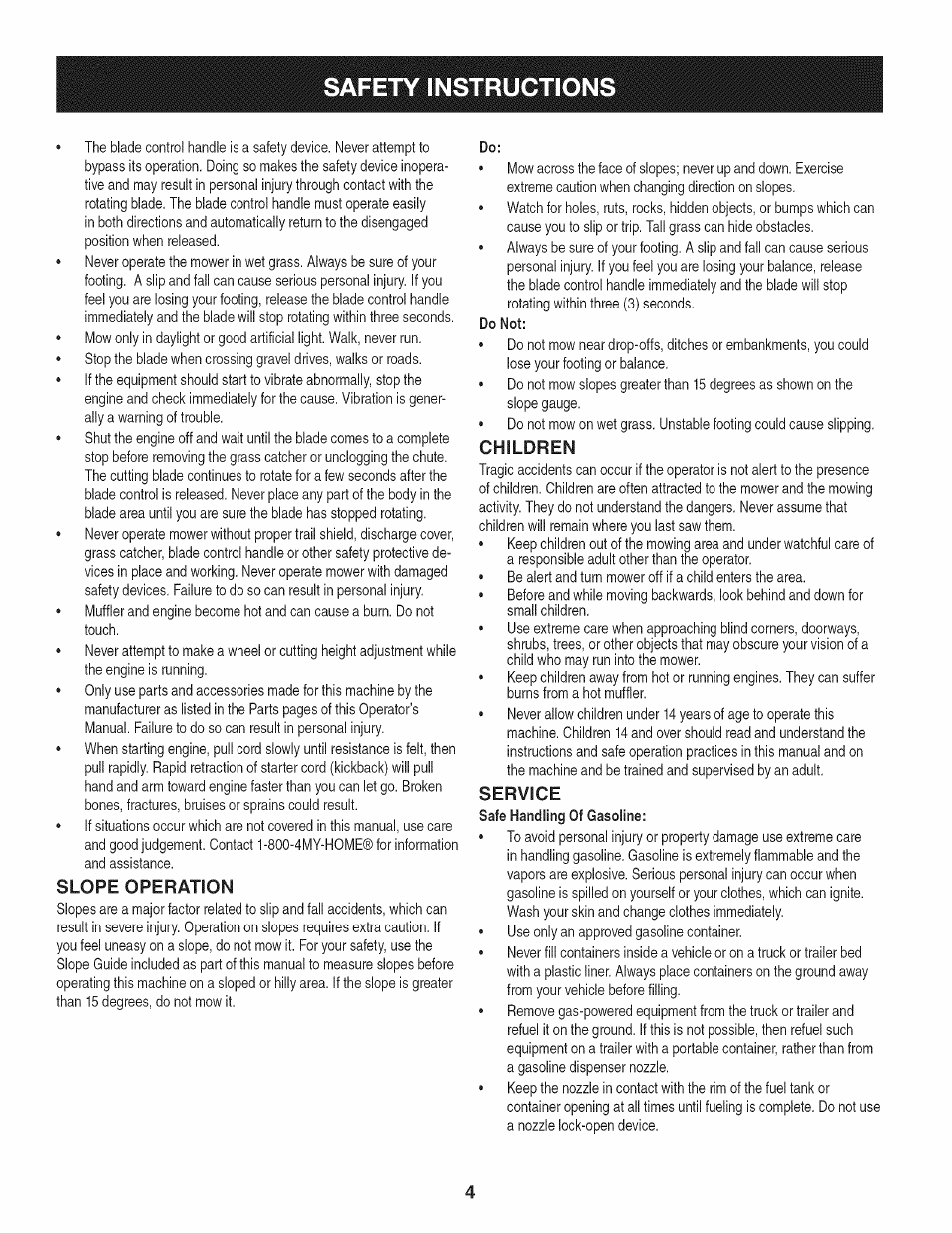 Slope operation, Children, Service | Safety instruction | Craftsman 247.887760 User Manual | Page 4 / 68