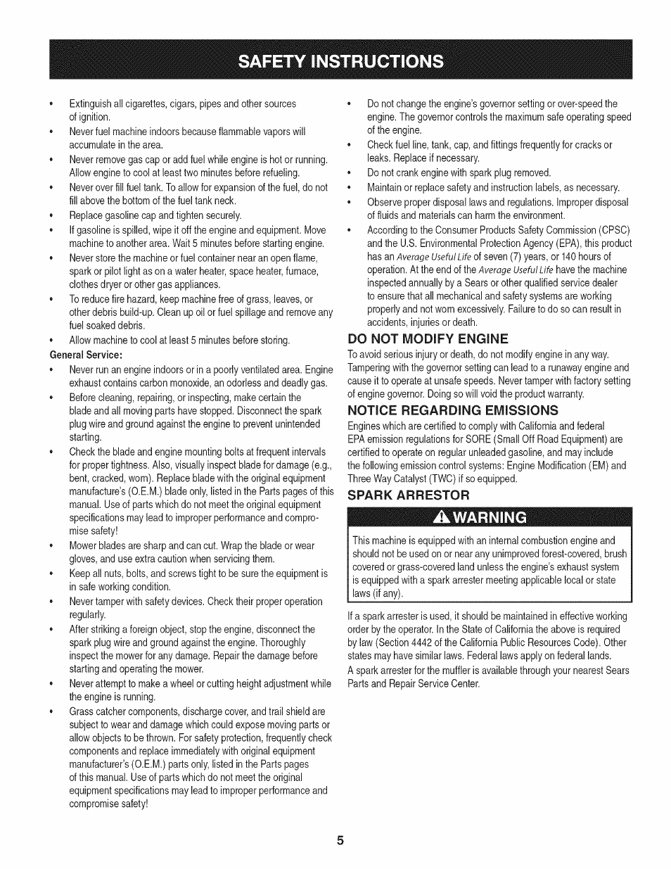 Do not modify engine, Notice regarding emissions, Spark arrestor | Safety instructions, Warning | Craftsman 247.887760 User Manual | Page 5 / 68