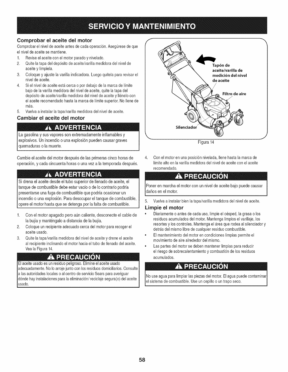 Comprobar el aceite del motor, Cambiar el aceite del motor, A advertencia | A precaución, Limpie el motor, Servicio y mantenimiento | Craftsman 247.887760 User Manual | Page 58 / 68