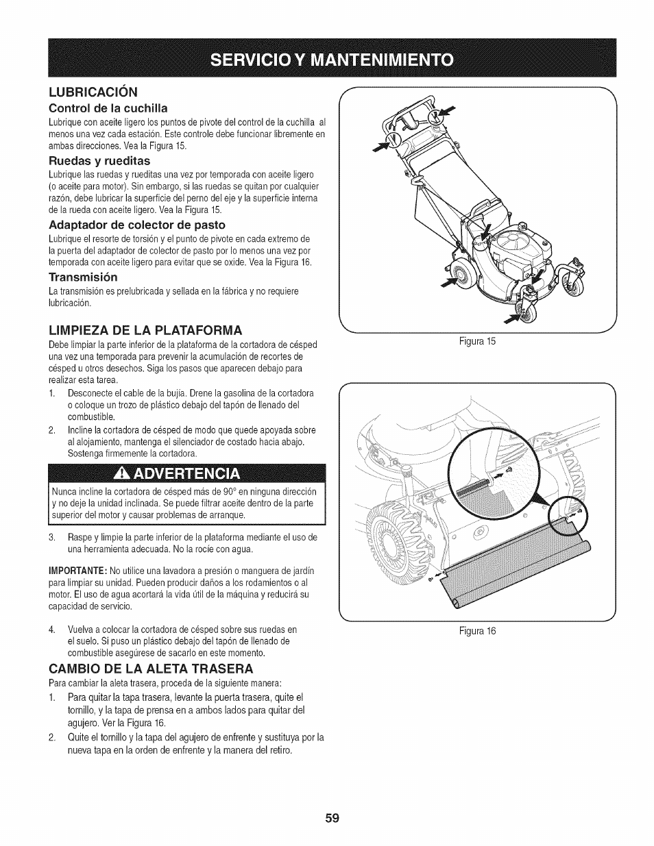 Lubricacion control de la cuchilla, Ruedas y rueditas, Adaptador de colector de pasto | Transmisión, Limpieza de la plataforma, A advertencia, Cambio de la aleta trasera, Servicio y mantenimiento, Advertencia | Craftsman 247.887760 User Manual | Page 59 / 68