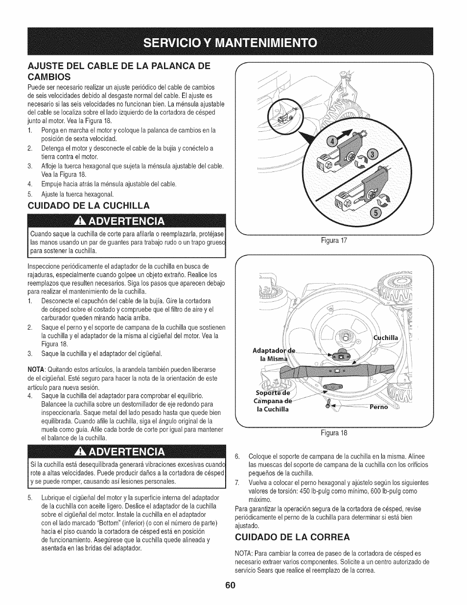 Cuidado de la cuchilla, A advertencia, Cuidado de la correa | Servicio y mantenimiento, Advertencia | Craftsman 247.887760 User Manual | Page 60 / 68