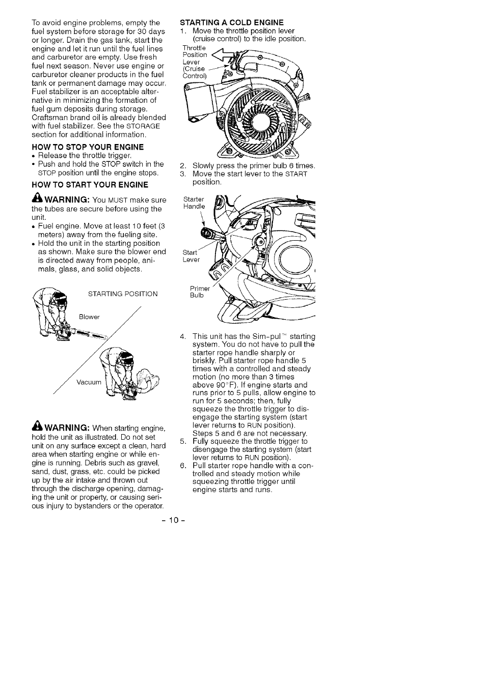 How to stop your engine, How to start your engine, Starting a cold engine | Craftsman 358.794760 User Manual | Page 10 / 37