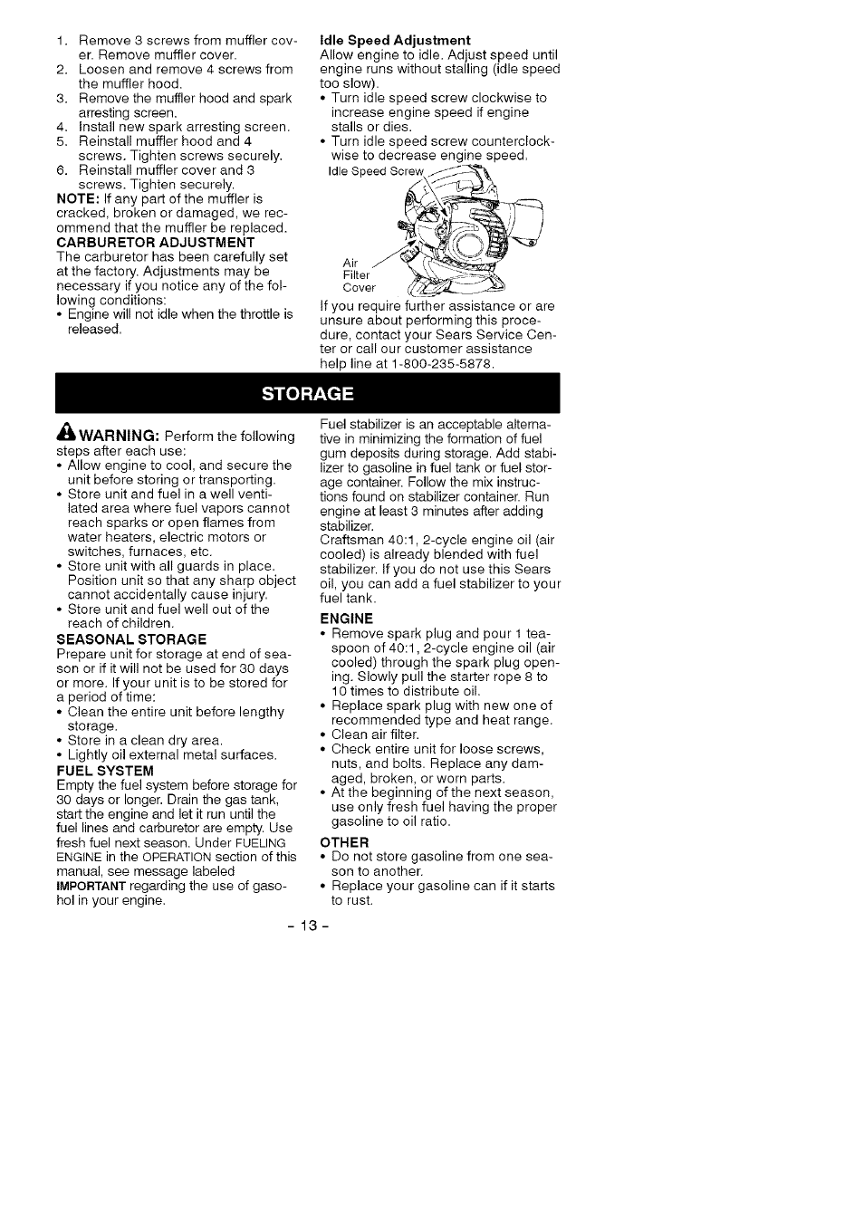 Storage | Craftsman 358.794760 User Manual | Page 13 / 37