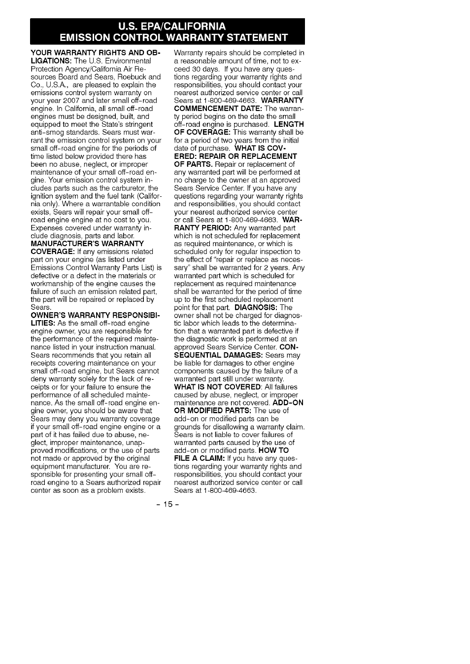 U.s. epa/california, Emission control warranty statement | Craftsman 358.794760 User Manual | Page 15 / 37