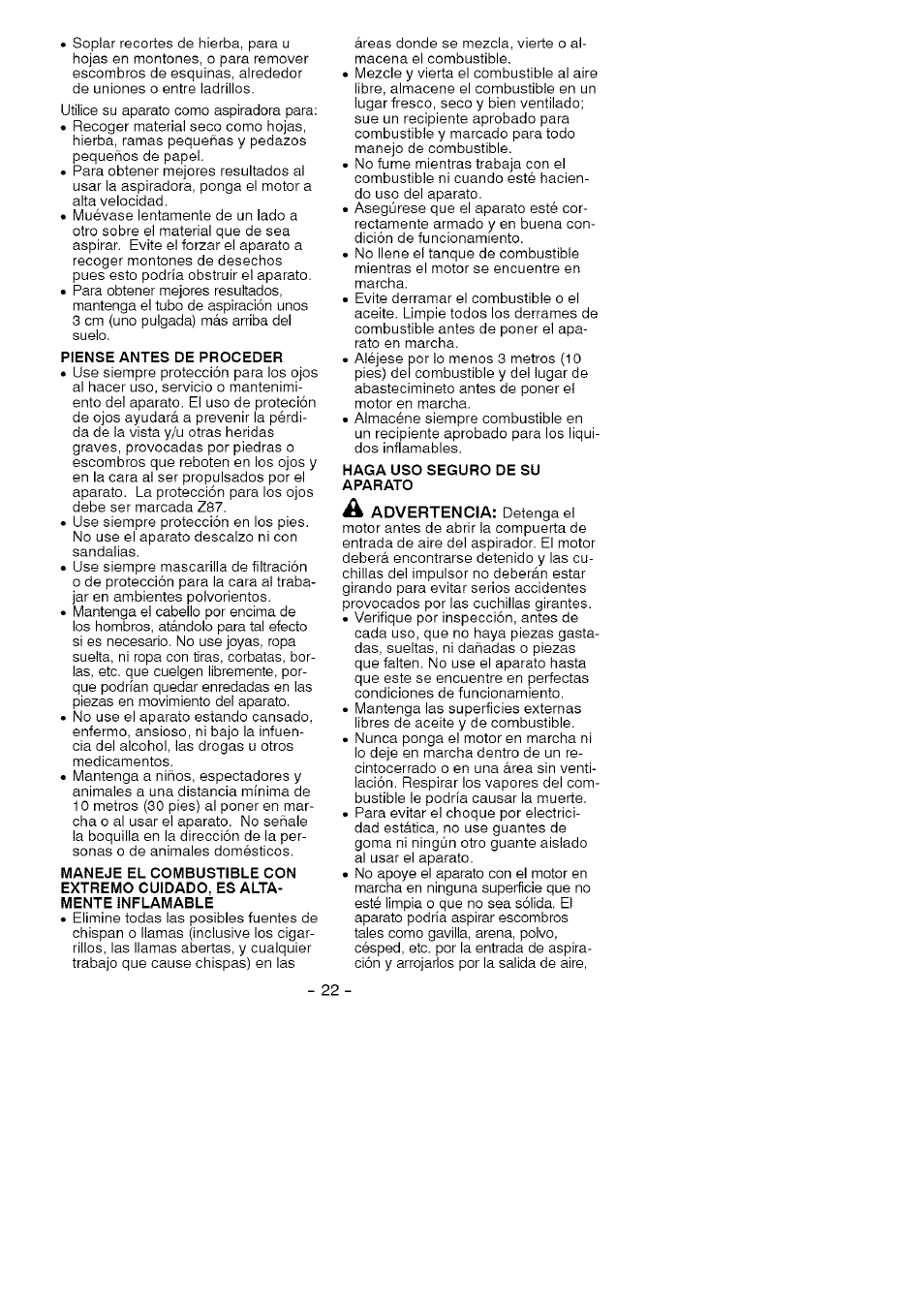 Piense antes de proceder, Maneje el combustible con, Extremo cuidado, es altamente inflamable | Haga uso seguro de su aparato | Craftsman 358.794760 User Manual | Page 19 / 37