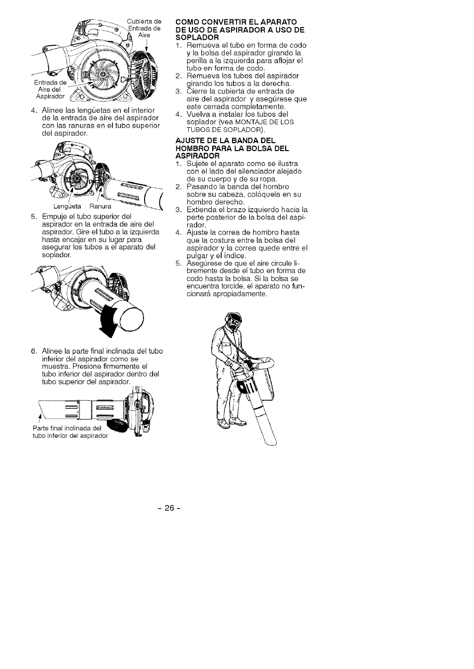 Como convertir el aparato, De uso de aspirador a uso de, Soplador | Ajuste de la banda del, Hombro para la bolsa del, Aspirador | Craftsman 358.794760 User Manual | Page 23 / 37