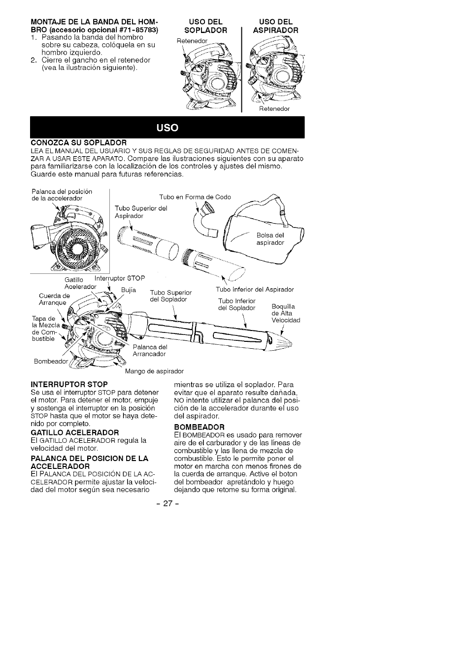 Conozca su soplador, Interruptor stop, Palanca del posicion de la accelerador | Bombeador | Craftsman 358.794760 User Manual | Page 24 / 37