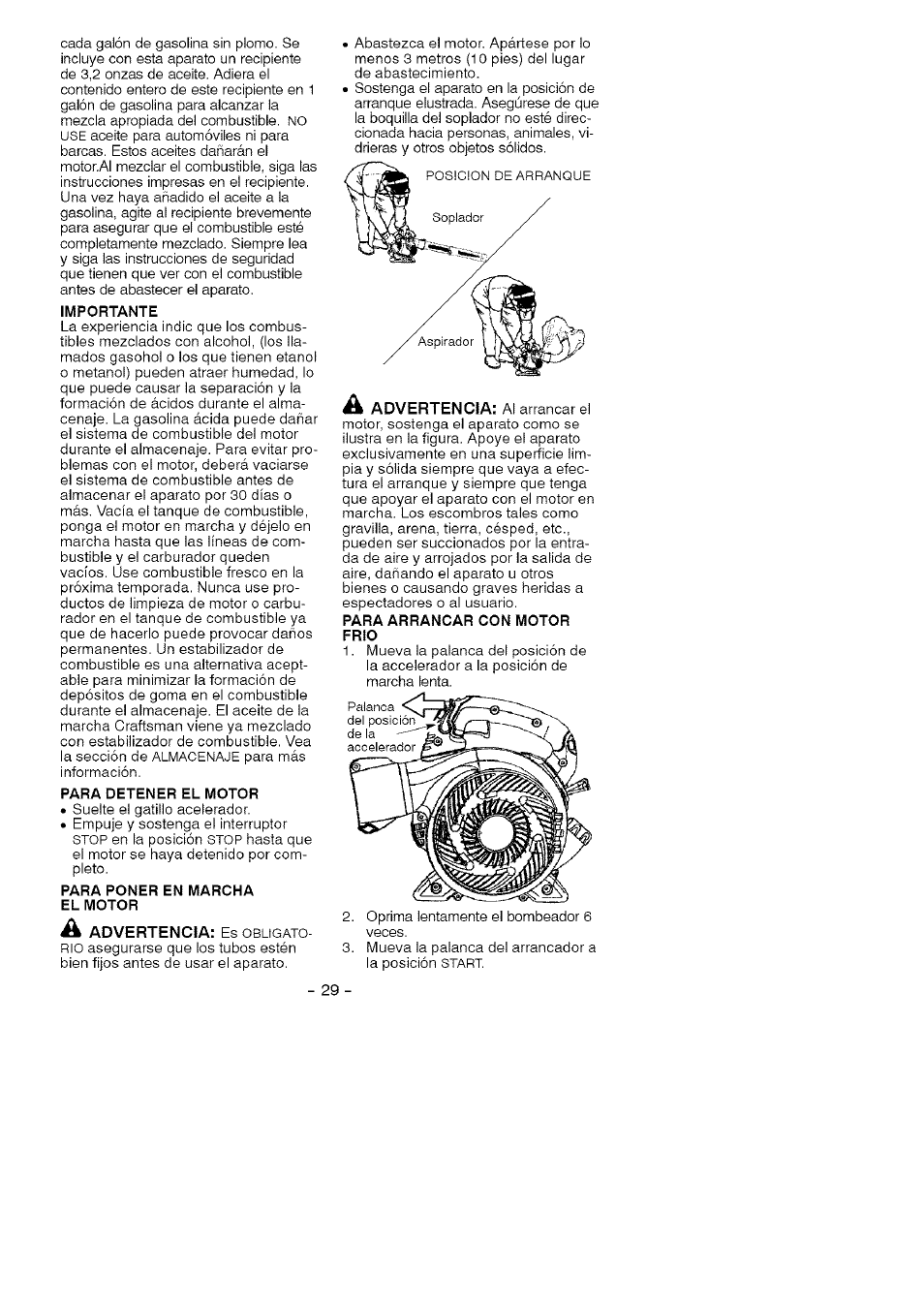 Importante, Para detener el motor, Para poner en marcha el motor | Para arrancar con motor frio | Craftsman 358.794760 User Manual | Page 26 / 37