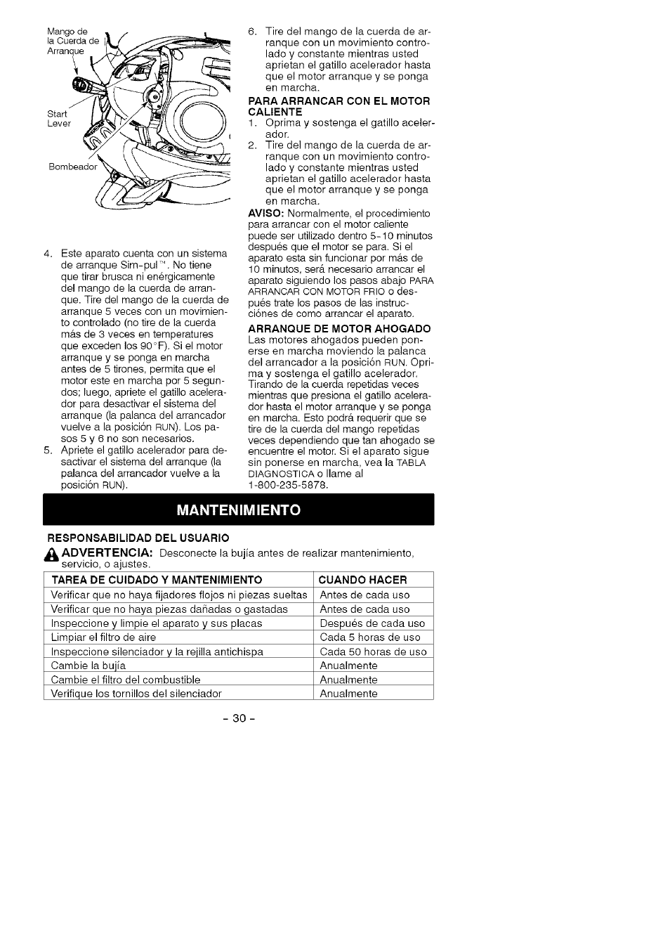 Para arrancar con el motor caliente, Arranque de motor ahogado, Mantenimiento | Responsabilidad del usuario | Craftsman 358.794760 User Manual | Page 27 / 37