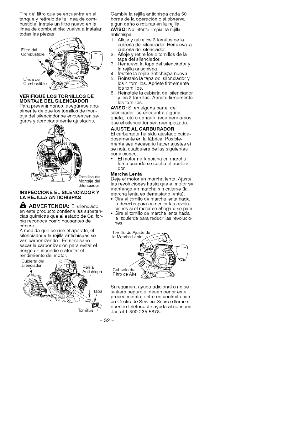 Verifique los tornillos de montaje del silenciador | Craftsman 358.794760 User Manual | Page 29 / 37