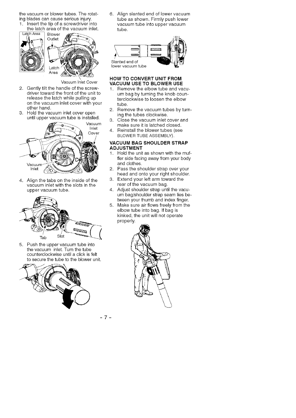 How to convert unit from vacuum use to blower use, Vacuum bag shoulder strap, Adjustment | Craftsman 358.794760 User Manual | Page 7 / 37
