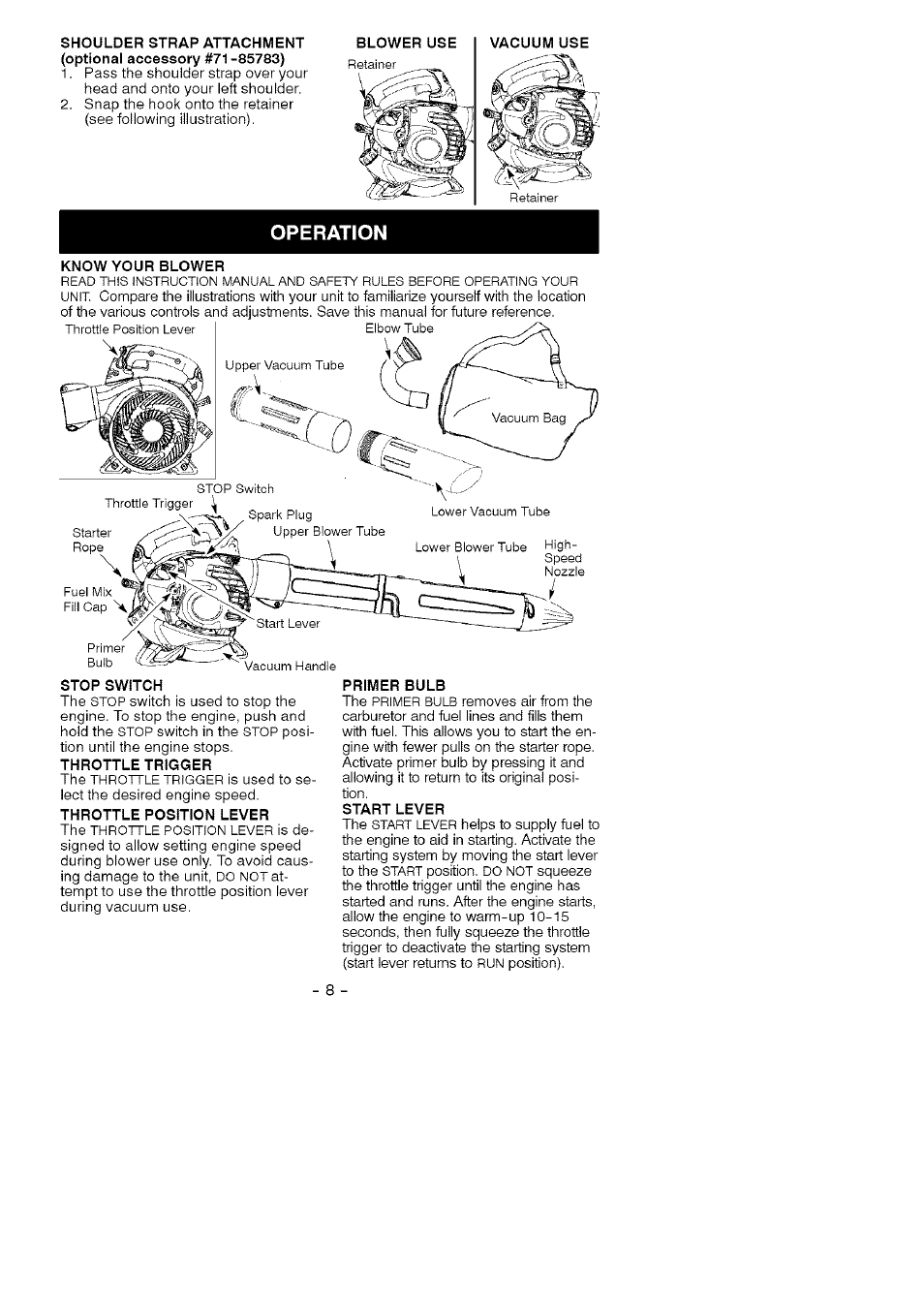 Operation, Know your blower, Stop switch | Primer bulb, Start lever | Craftsman 358.794760 User Manual | Page 8 / 37