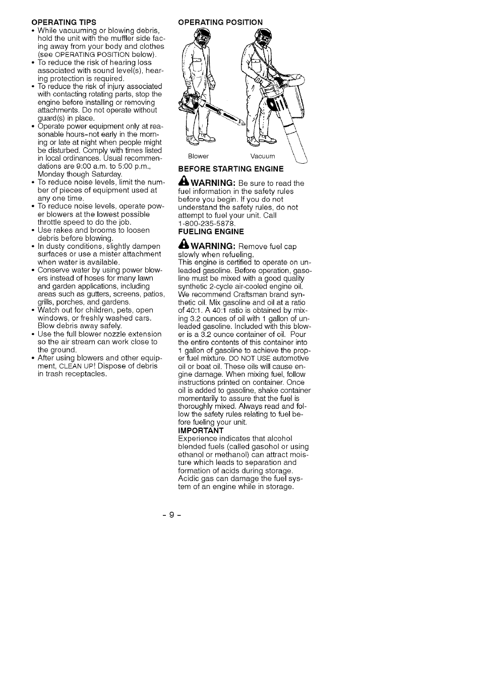 Operating tips, Fueling engine, Important | Craftsman 358.794760 User Manual | Page 9 / 37