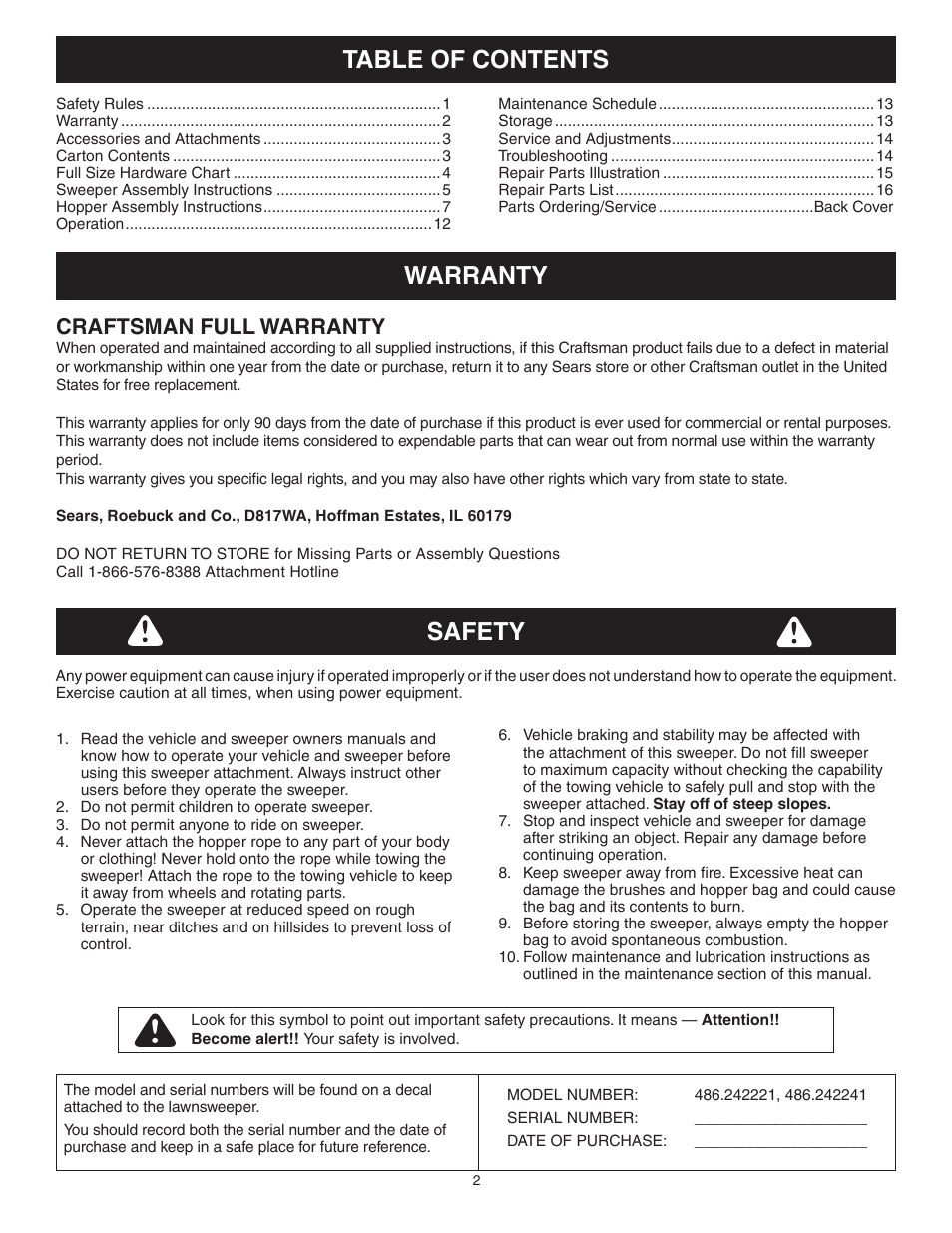 Warranty table of contents, Safety, Craftsman full warranty | Craftsman 486.242241 User Manual | Page 2 / 20