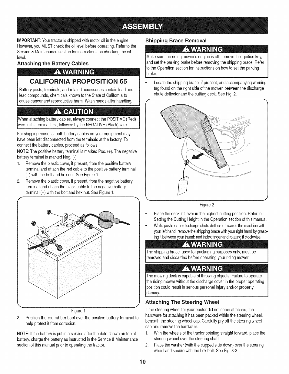 Attaching the battery cables, Awarning, California proposition 65 | A caution, Shipping brace removal, Attaching the steering wheel, Assembly, Awarning california proposition 65 | Craftsman 247.28911 User Manual | Page 10 / 92