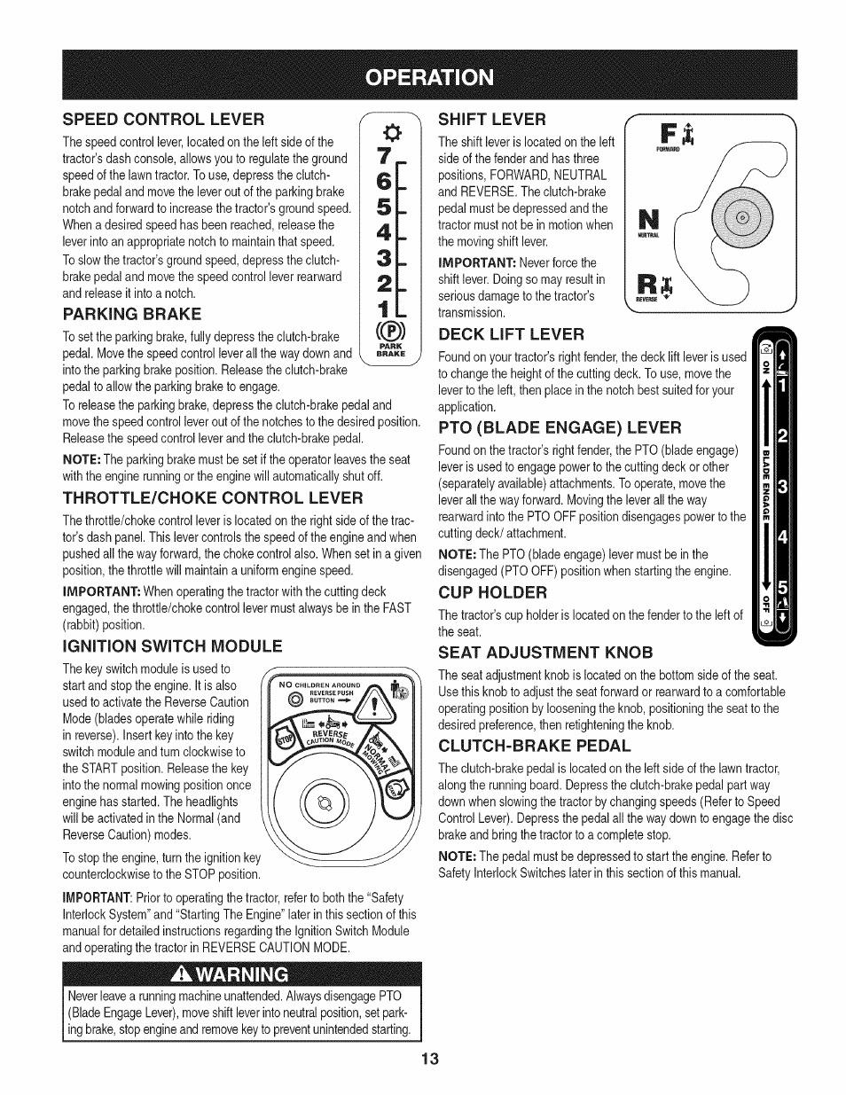 Speed control lever, Parking brake, Throttle/choke control lever | Ignition switch module, Awarning, Shift lever, Deck lift lever, Pto (blade engage) lever, Cup holder, Seat adjustment knob | Craftsman 247.28911 User Manual | Page 13 / 92