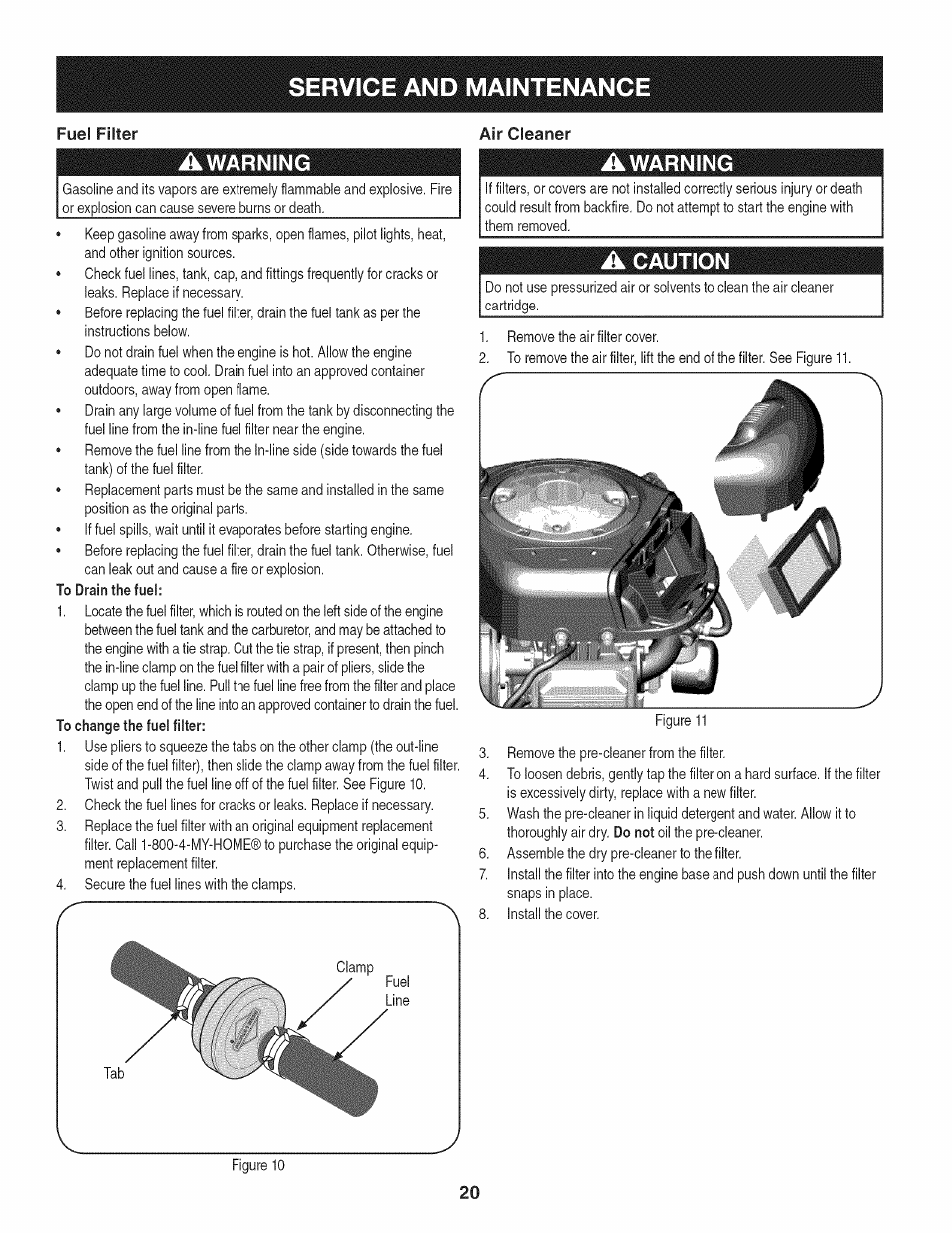 Fuel filter, Air cleaner, Awarning | A caution, Service and maintenance | Craftsman 247.28911 User Manual | Page 20 / 92