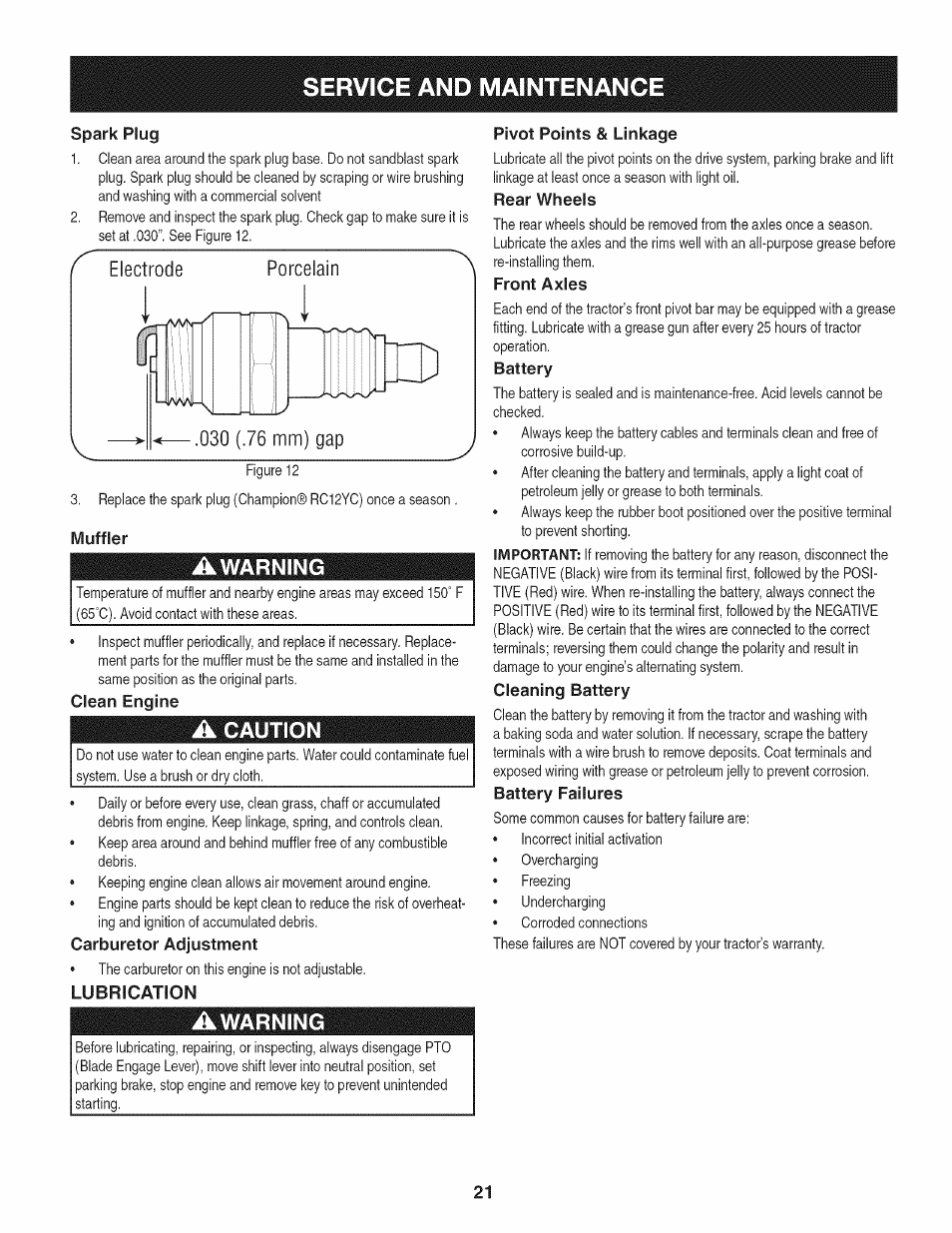 Spark plug, Muffler, Awarning | Clean engine, A caution, Carburetor adjustment, Lubrication, Pivot points & linkage, Rear wheels, Front axles | Craftsman 247.28911 User Manual | Page 21 / 92