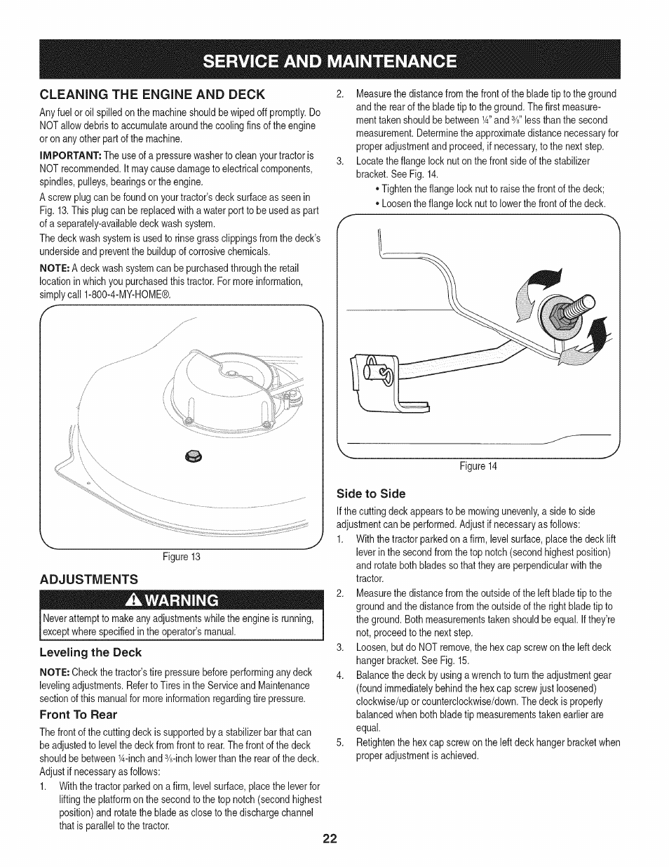 Adjustments, Awarning, Leveling the deck | Front to rear, Side to side, Service and maintenance, Cleaning the engine and deck | Craftsman 247.28911 User Manual | Page 22 / 92