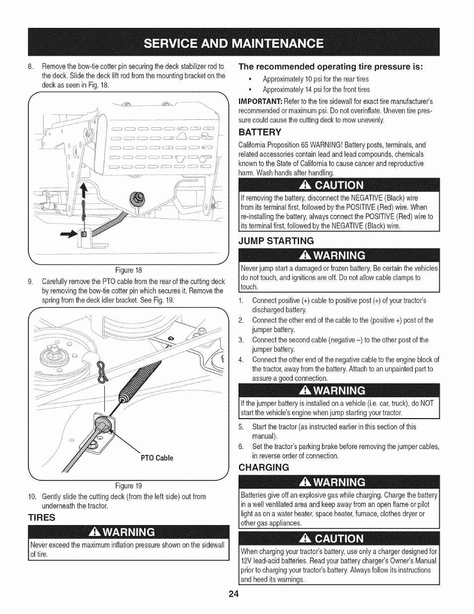 The recommended operating tire pressure is, Battery, A caution | Jump starting, Awarning, Charging, Service and maintenance | Craftsman 247.28911 User Manual | Page 24 / 92