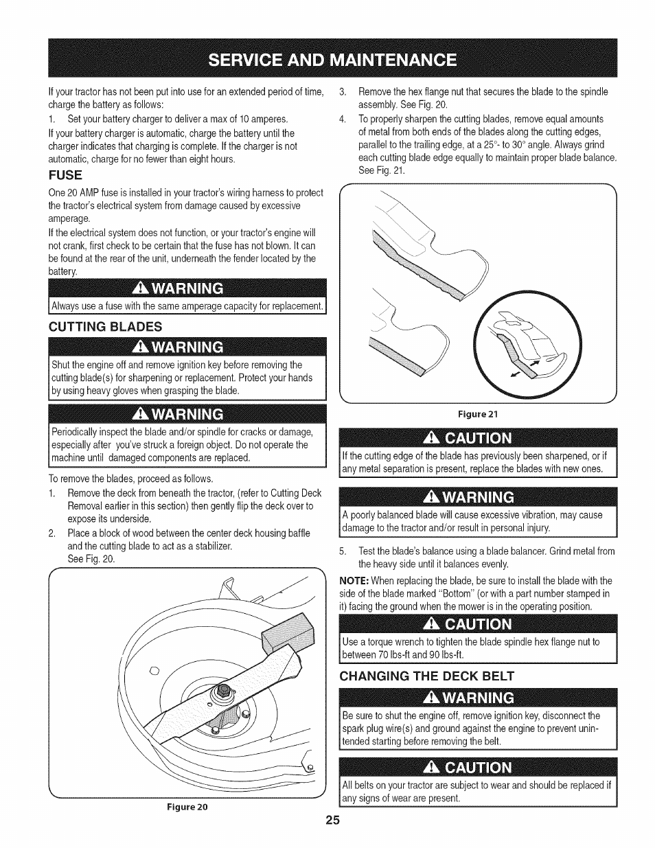 Fuse, Awarning, Cutting blades | A caution, Changing the deck belt, Service and maintenance | Craftsman 247.28911 User Manual | Page 25 / 92