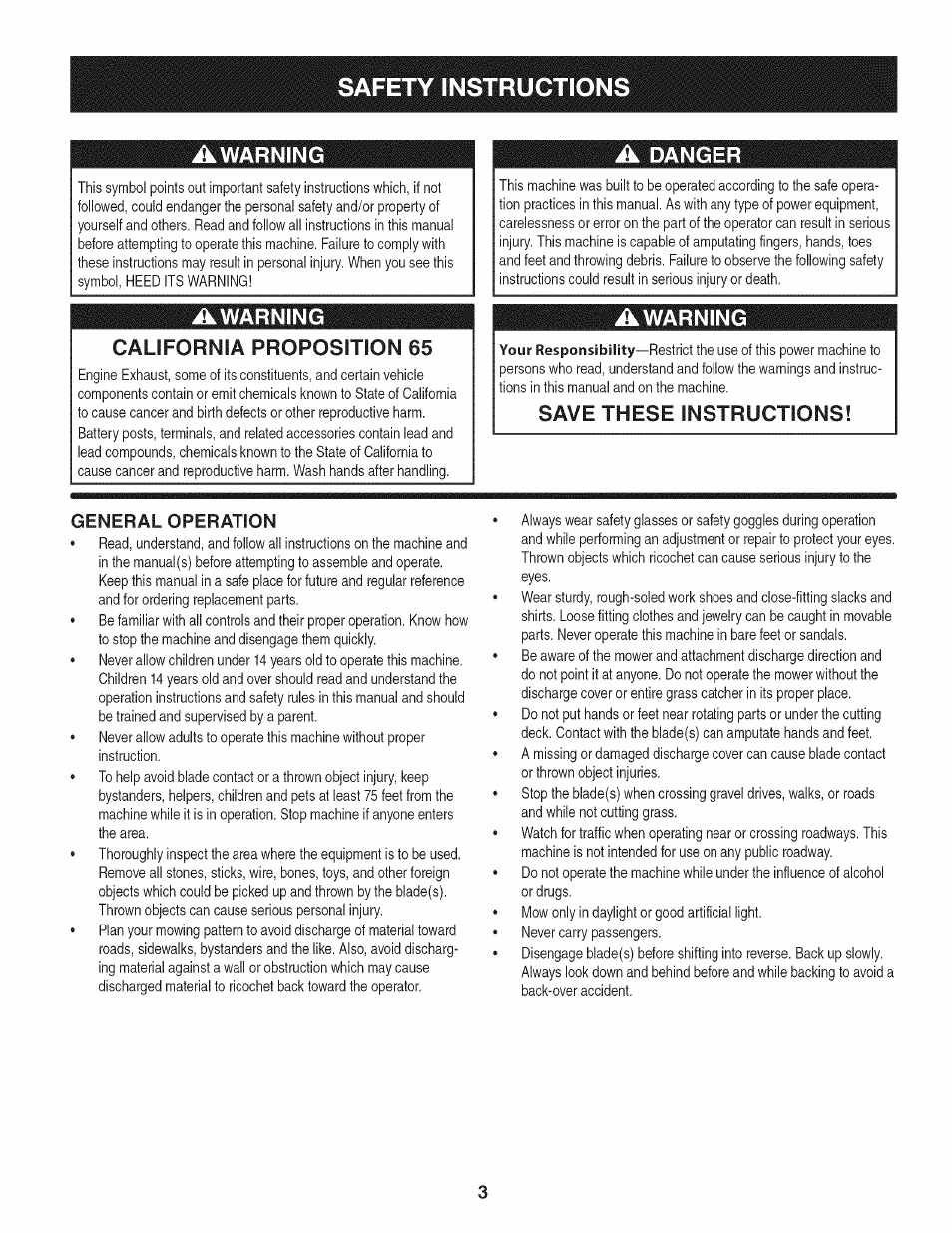 Awarning, California proposition 65, Save these instructions | General operation, Safety instructions, Awarning california proposition 65, A danger | Craftsman 247.28911 User Manual | Page 3 / 92