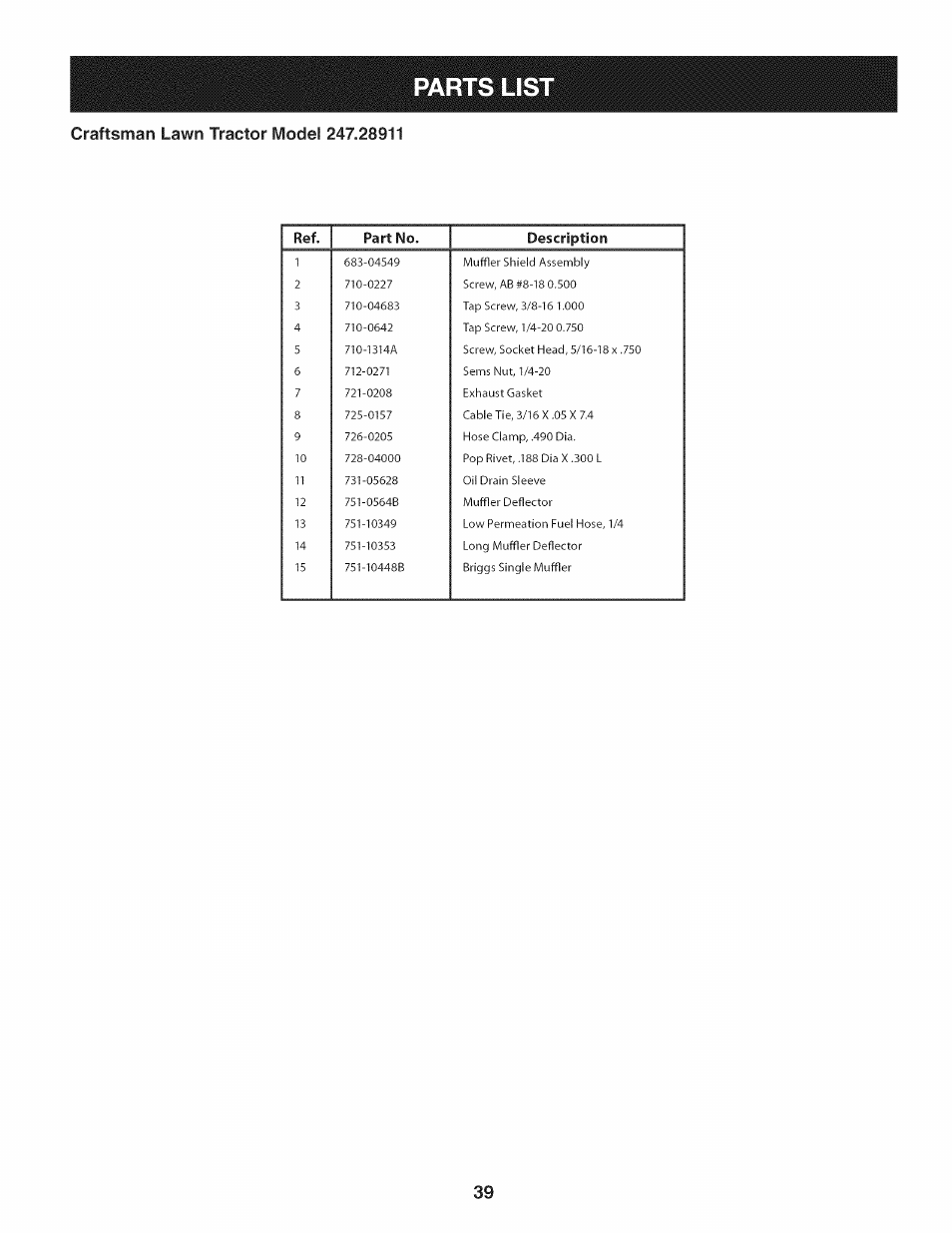 Parts lis | Craftsman 247.28911 User Manual | Page 39 / 92
