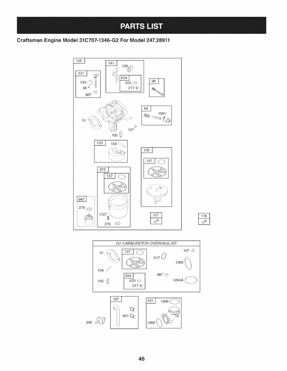 Parts list | Craftsman 247.28911 User Manual | Page 46 / 92