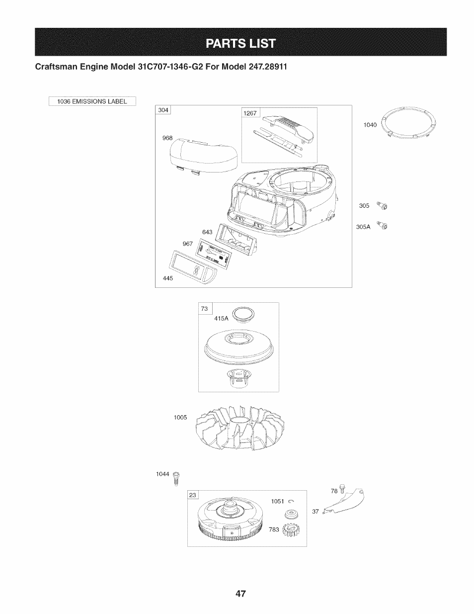 Parts list | Craftsman 247.28911 User Manual | Page 47 / 92