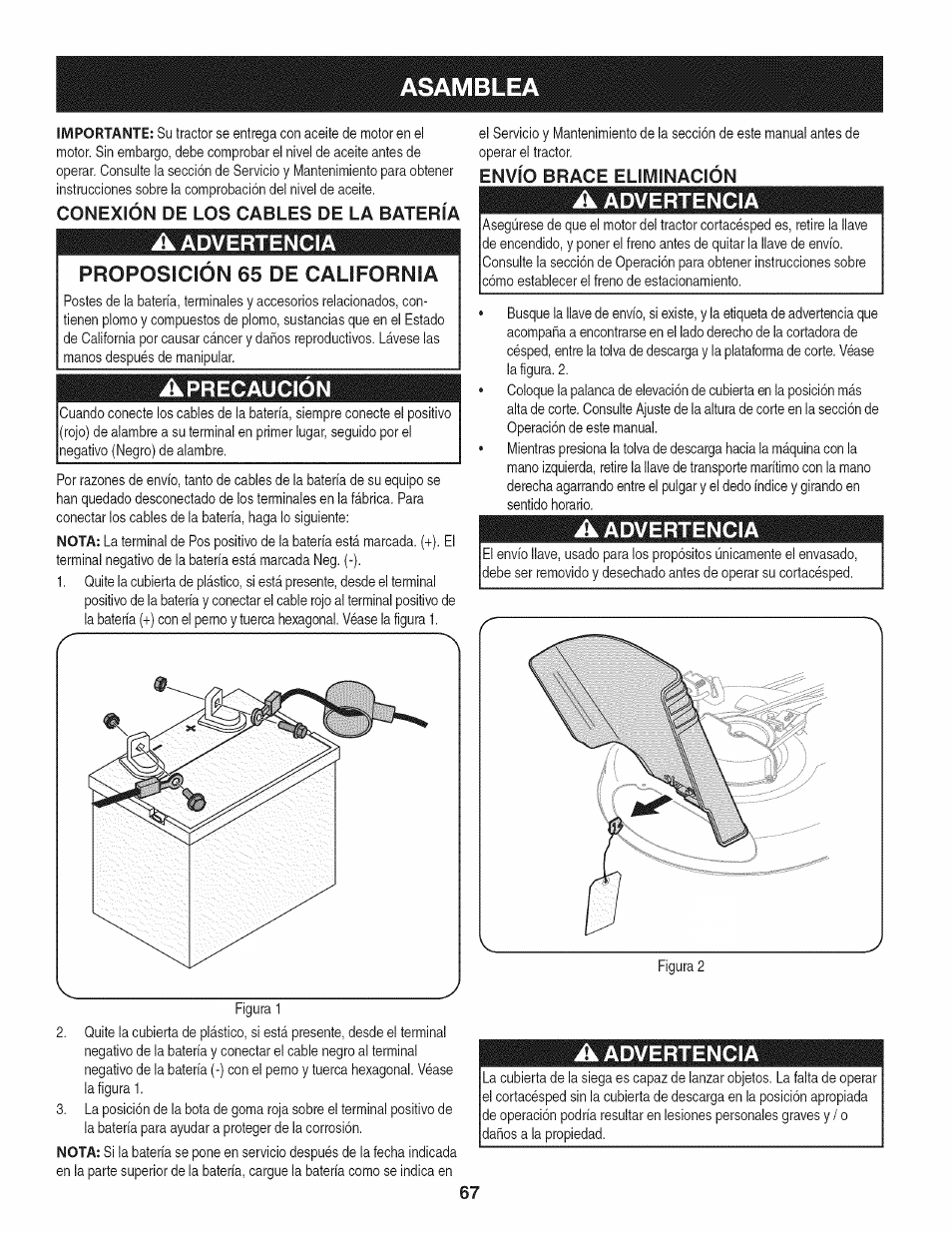 Conexión de los cables de la batería, A advertencia, Proposicion 65 de california | Aprecaución, Envío brace eliminación, Asamblea, Advertencia proposicion 65 de california, Advertencia | Craftsman 247.28911 User Manual | Page 67 / 92