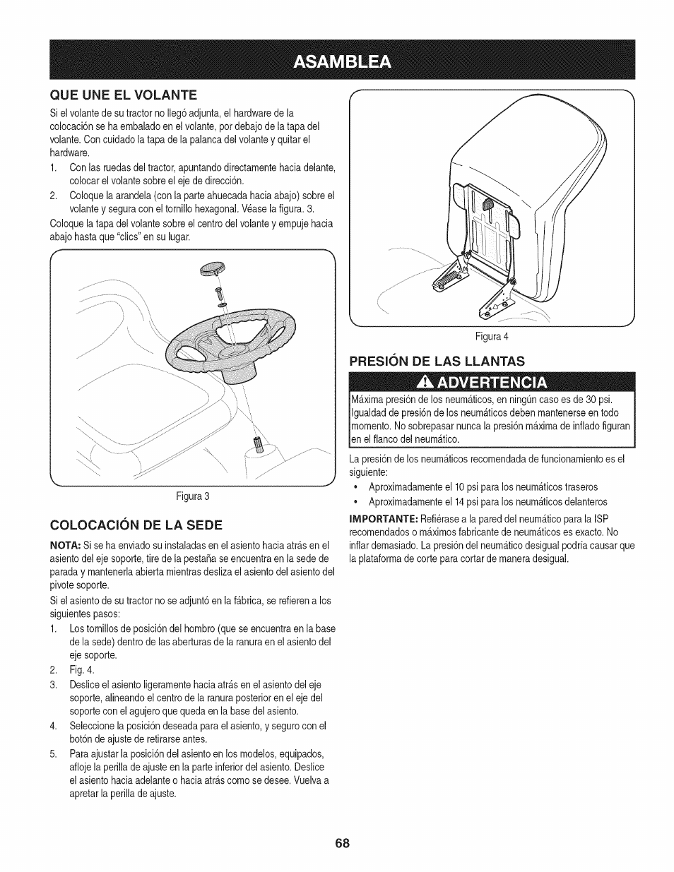 Que une el volante, Presion de las llantas, A advertencia | Asamblea, Advertencia | Craftsman 247.28911 User Manual | Page 68 / 92