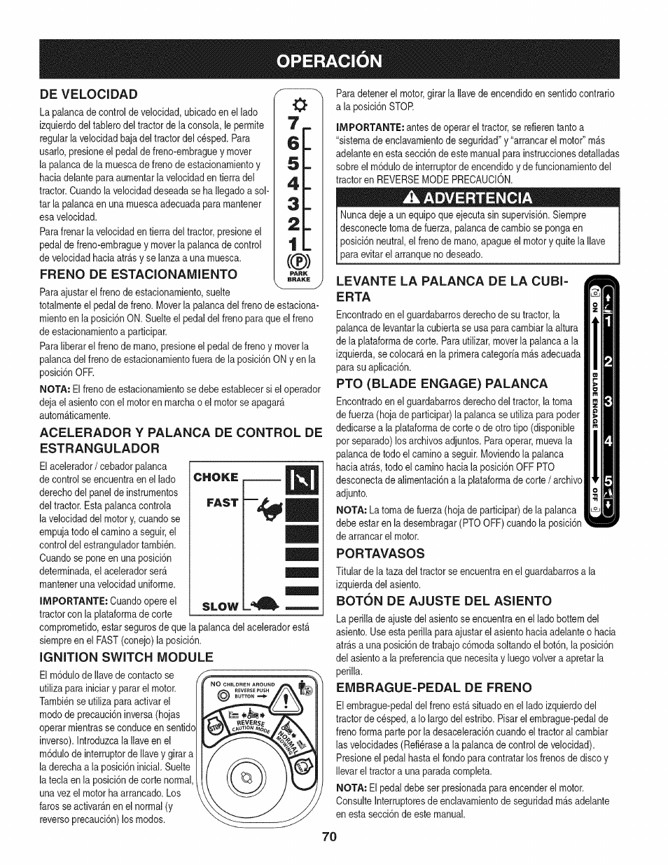 Freno de estacionamiento, Acelerador y palanca de control de estrangulador, Ignition switch module | A advertencia, Levante la palanca de la cubierta, Pto (blade engage) palanca, Portavasos, Botón de ajuste del asiento, Embrague-pedal de freno, Operacion | Craftsman 247.28911 User Manual | Page 70 / 92