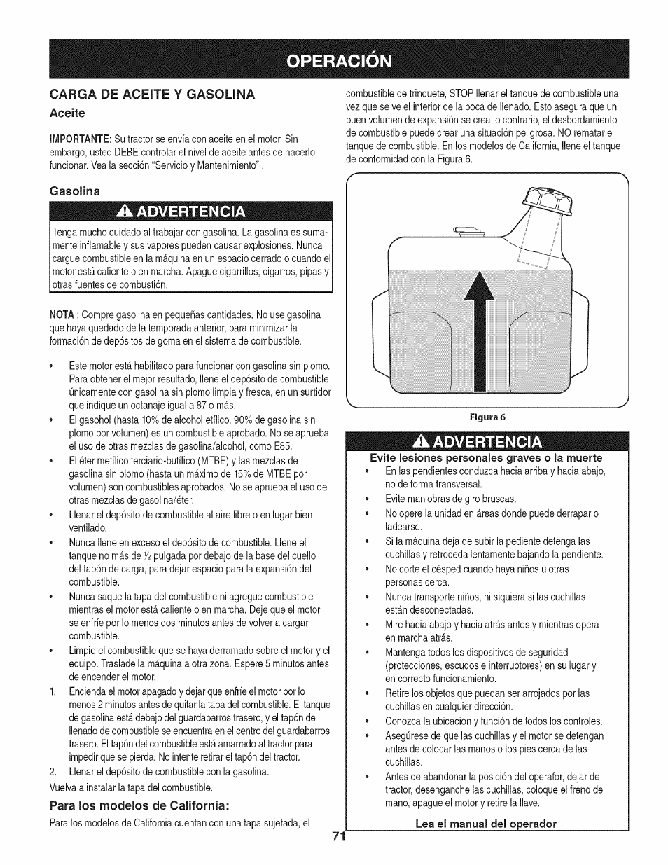 Gasolina, A advertencia, Para los modelos de california | Operacion, Advertencia, Carga de aceite y gasolina | Craftsman 247.28911 User Manual | Page 71 / 92