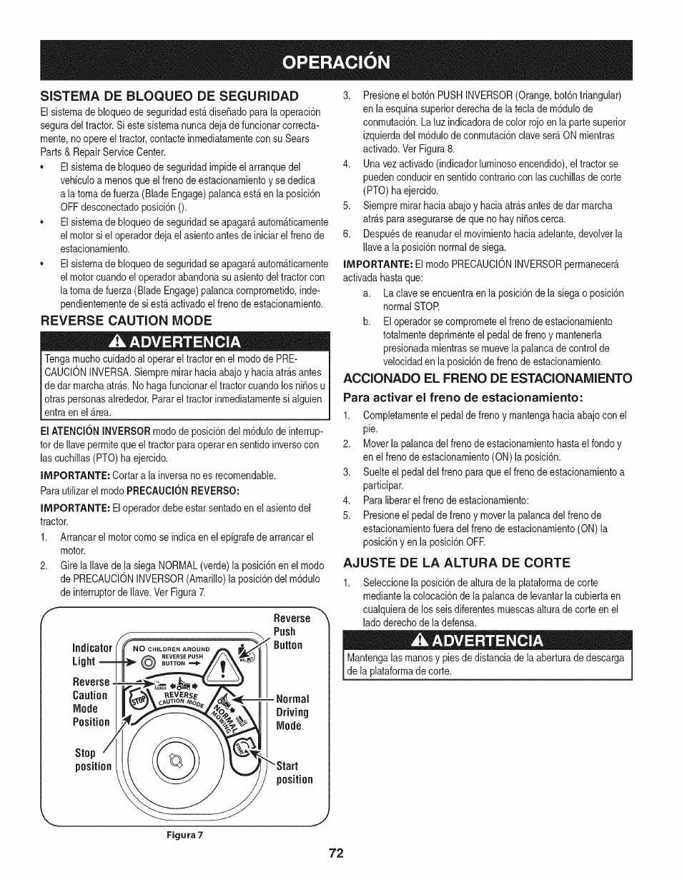 Reverse caution mode, A advertencia, Accionado el freno de estacionamiento | Para activar el freno de estacionamiento, Ajuste de la altura de corte, Operacion, Advertencia, Sistema de bloqueo de seguridad | Craftsman 247.28911 User Manual | Page 72 / 92